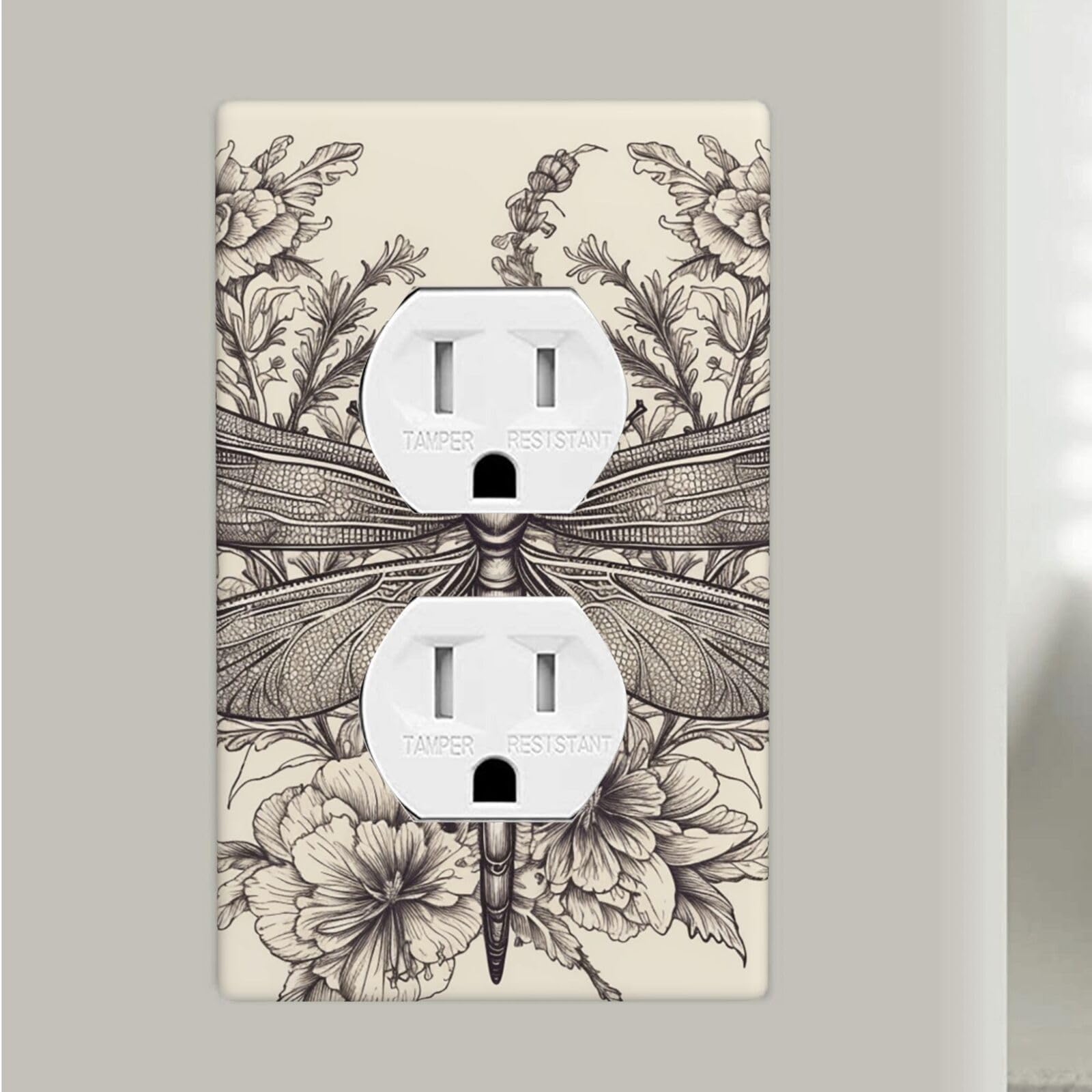 Hand Drawn Floral Dragonfly Duplex Receptacle Outlet Covers, 1-Gang Standard Size Wall Plates Unbreakable Polycarbonate Electrical Switchplate Cover Faceplate For Bathroom Kitchen Decor