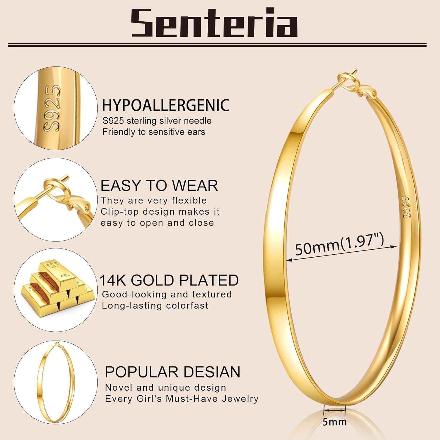 Senteria 5MM Wide 925 Sterling Silver Hoop Earrings for Women Hypoallergenic Extra Large Silver Hoops Earrings Large Oversize Big Thick Hoop Earrings for Women 30/40/50/60/70MM - Image 5