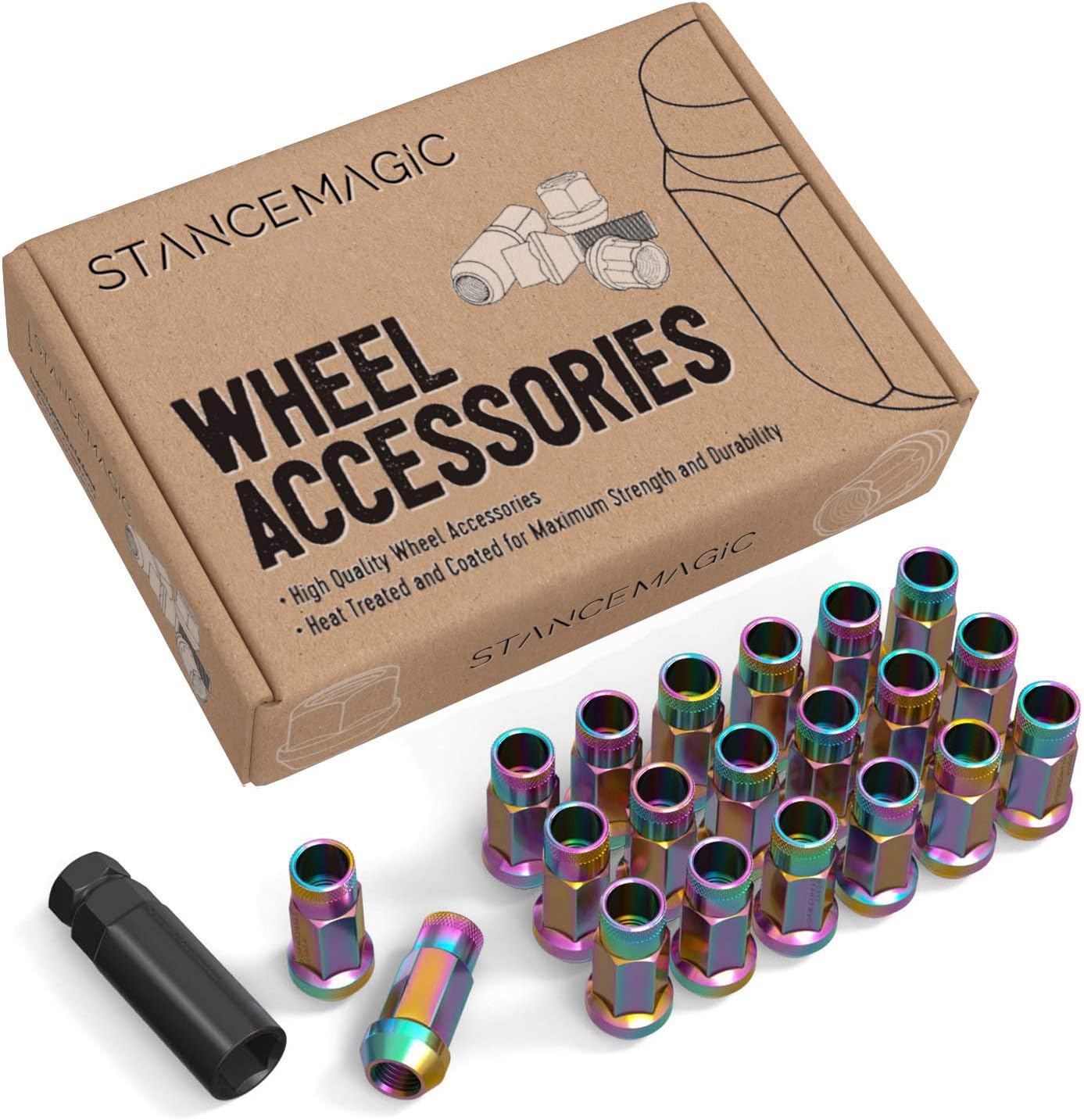 20pc Extended Tuner Race Lug Nuts - 12x1.5 Thread Size - Open End - Cone Conical Taper Acorn Seat (60 degree) - 2" Length - Neochrome Neochro Neo-Chrome - for Honda Mazda Hyundai Toyota + More