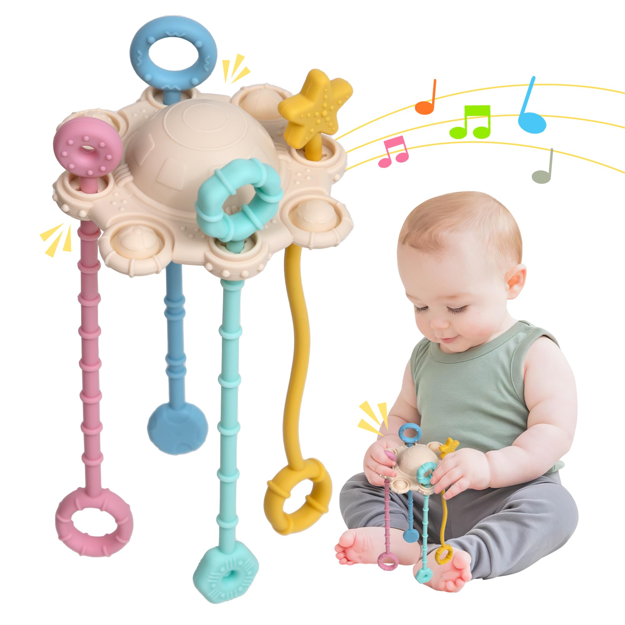 ETETOO Montessori Pull String Toy for Babies, Food Grade Silicone Early Development Toy, Fine Motor Skills Travel Toy, Sensory Gifts (Cream Color)