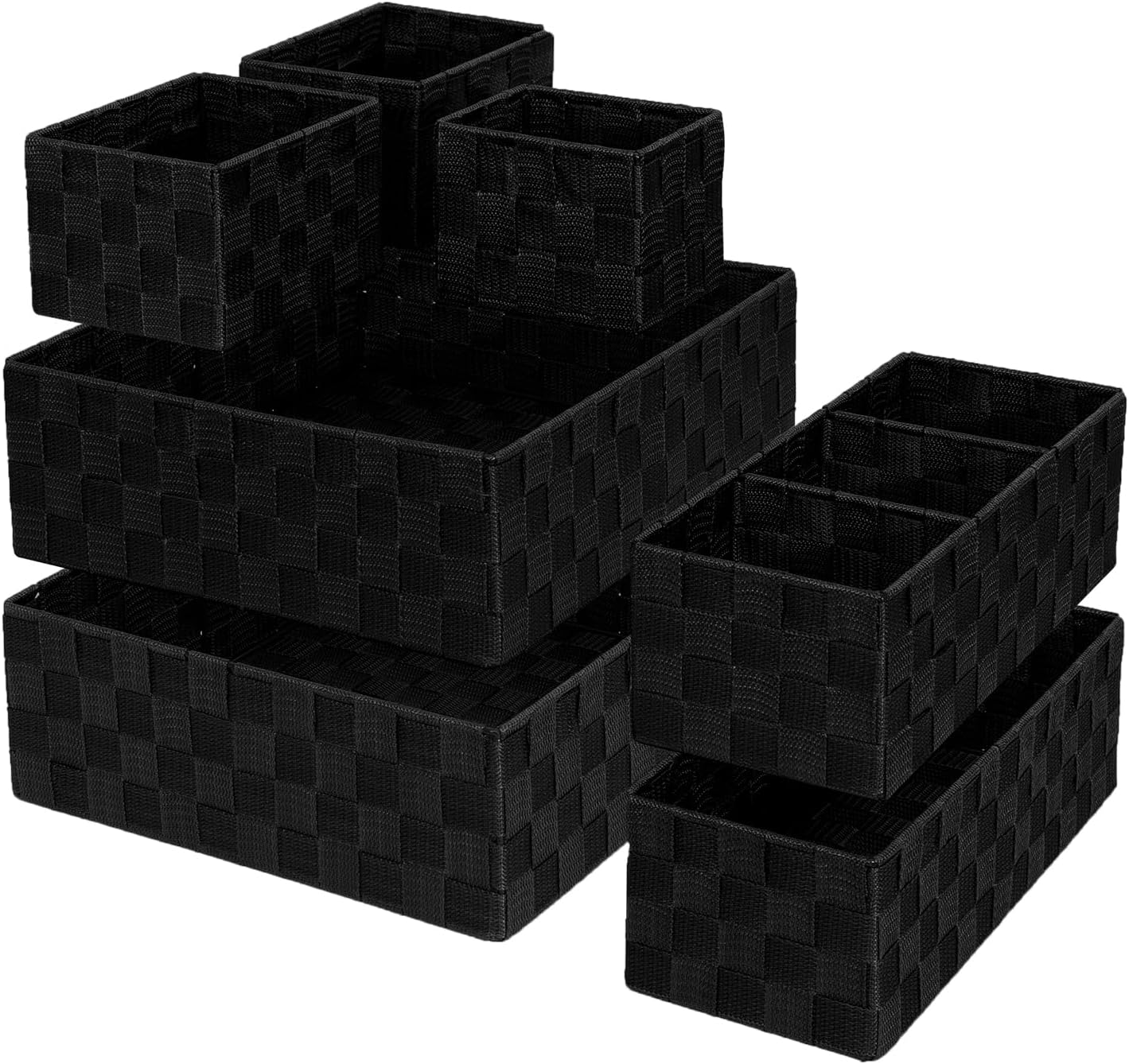 Drawer Organizer, Cube Baskets for Storage Shelves, Handmade Small Woven Basket, Shallow Storage Bins for Organizing Desk, Dresser, Kitchen, Pantry, Nested 7 Pack, Black