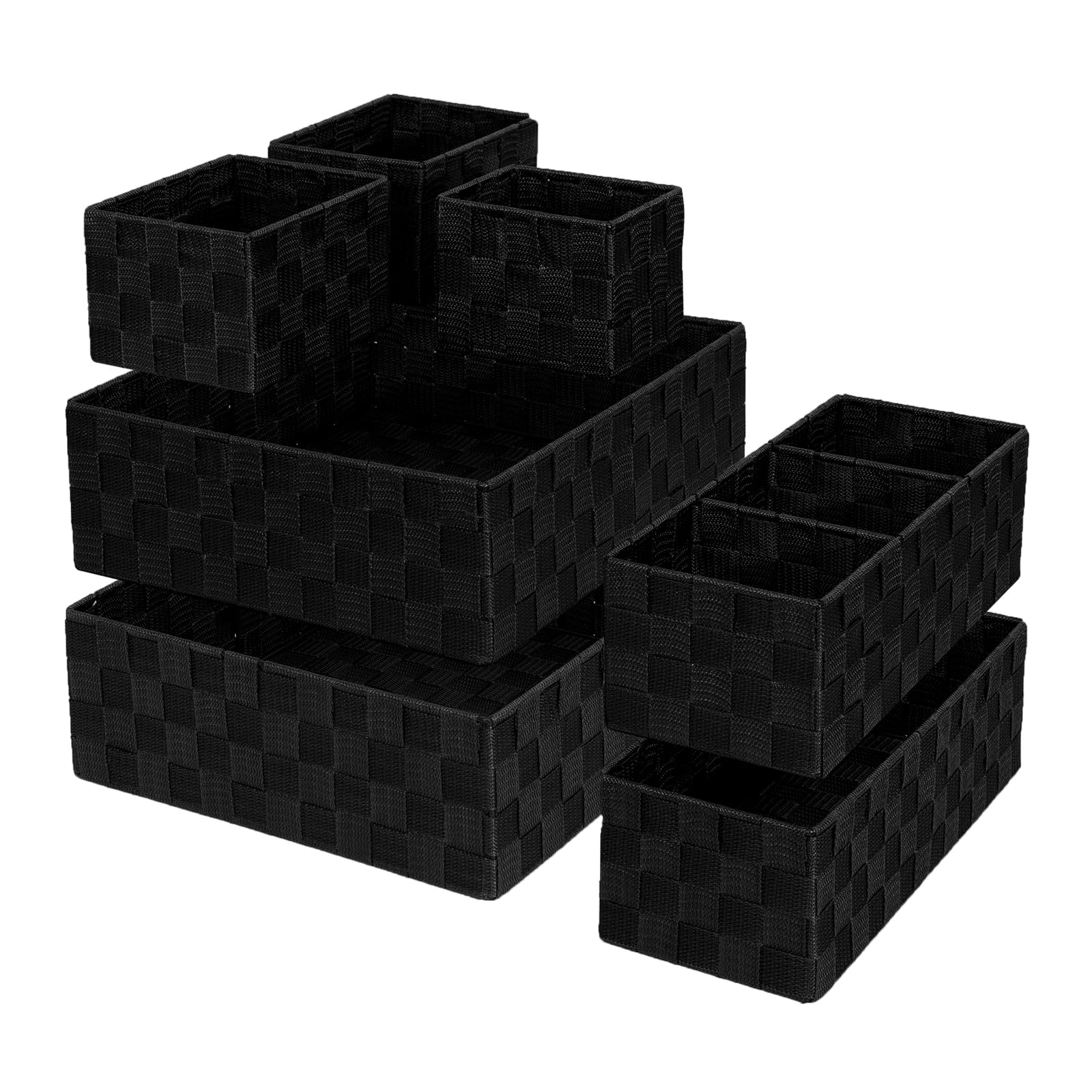 ORGMASTER Drawer Organizer, Cube Baskets for Storage Shelves, Handmade Small Woven Basket, Shallow Storage Bins for Organizing Desk, Dresser, Kitchen, Pantry, Nested 7 Pack, Black
