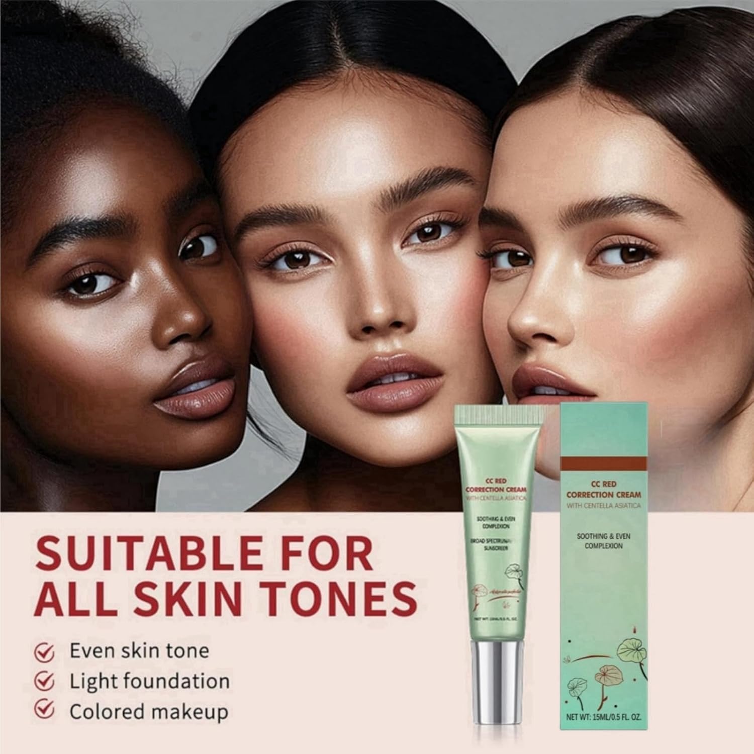 CC Correcteur Rouge à la Centella Asiatica, Anti-cernes Pores Invisibles, Crème CC Légère avec SPF 25, Anti-imperfections, Rougeurs et Marques d'Acné