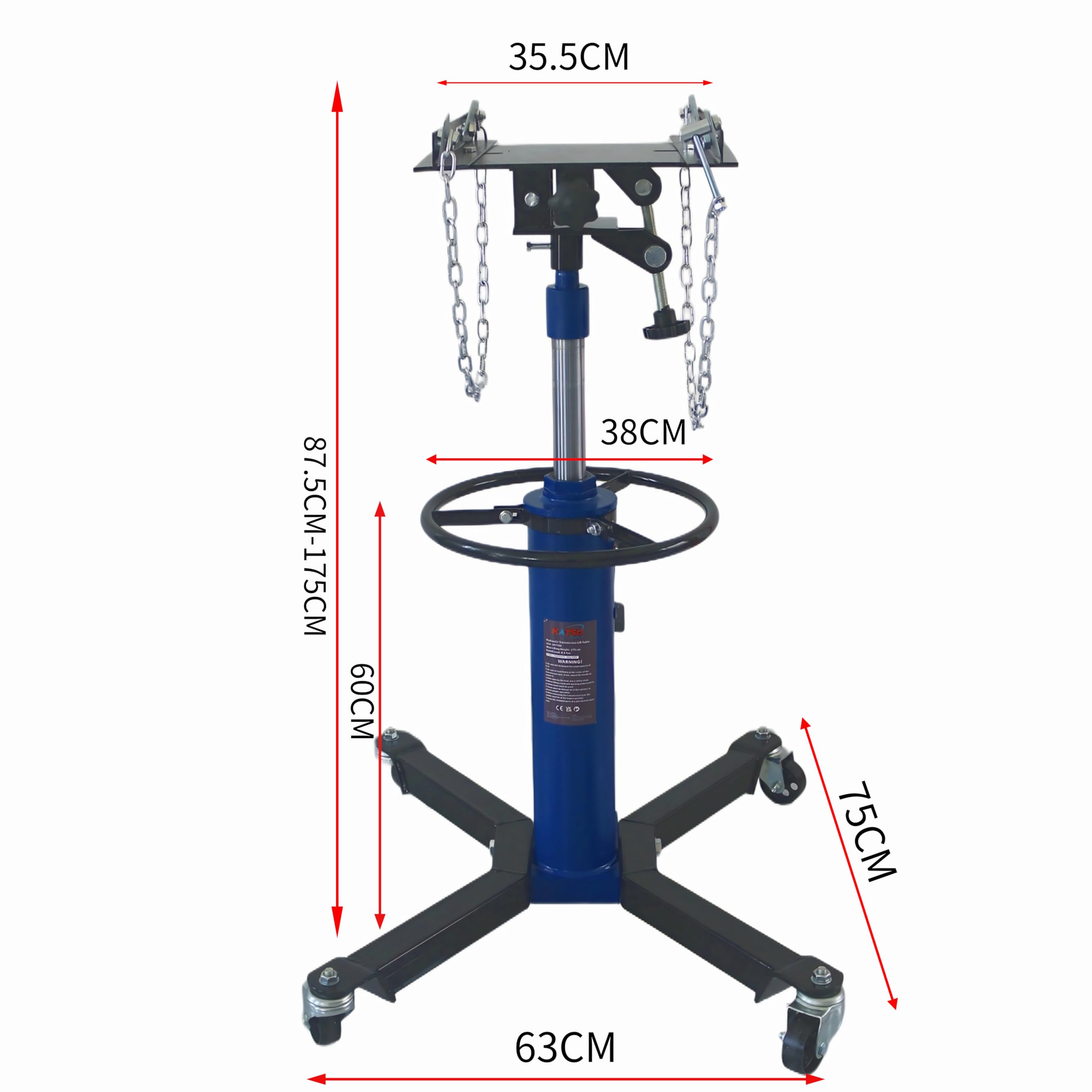 KATSU Tools Hydrauliczny podnośnik skrzyni biegów – pojemność 0,5 tony, podnośnik teleskopowy do 175 cm, kółka obrotowe, nożny i regulowane siodełko, do podnośnika samochodowego, garażu
