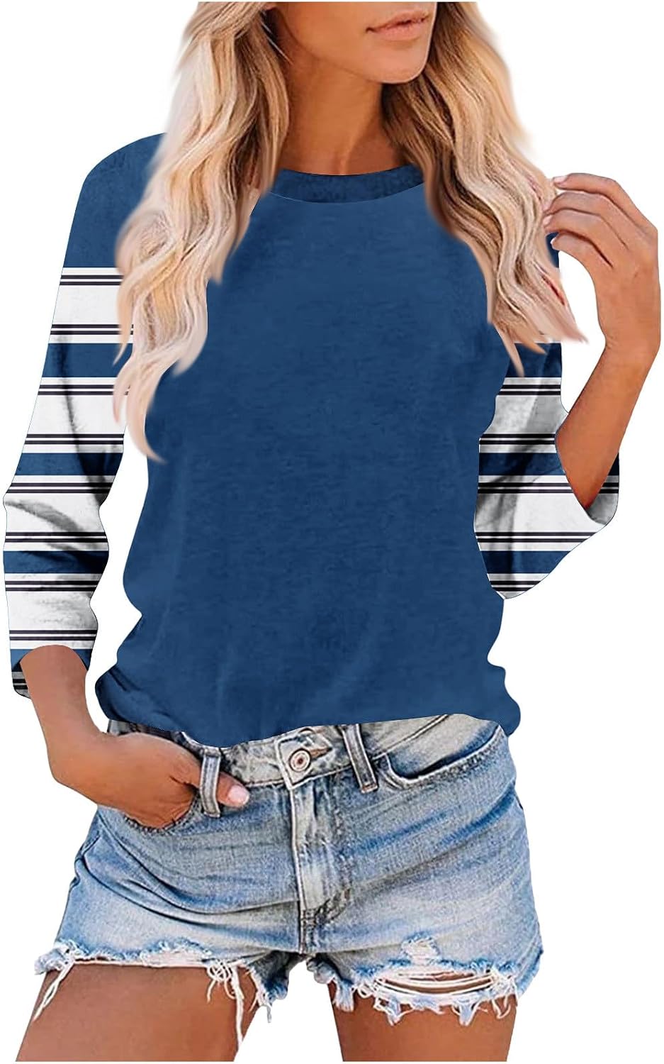 Women Tops 3/4 Sleeve Gradient Shirts Round Neck Loose Fit Blouses Trendy Dressy Elegant Shirt Daily Lounge Tees