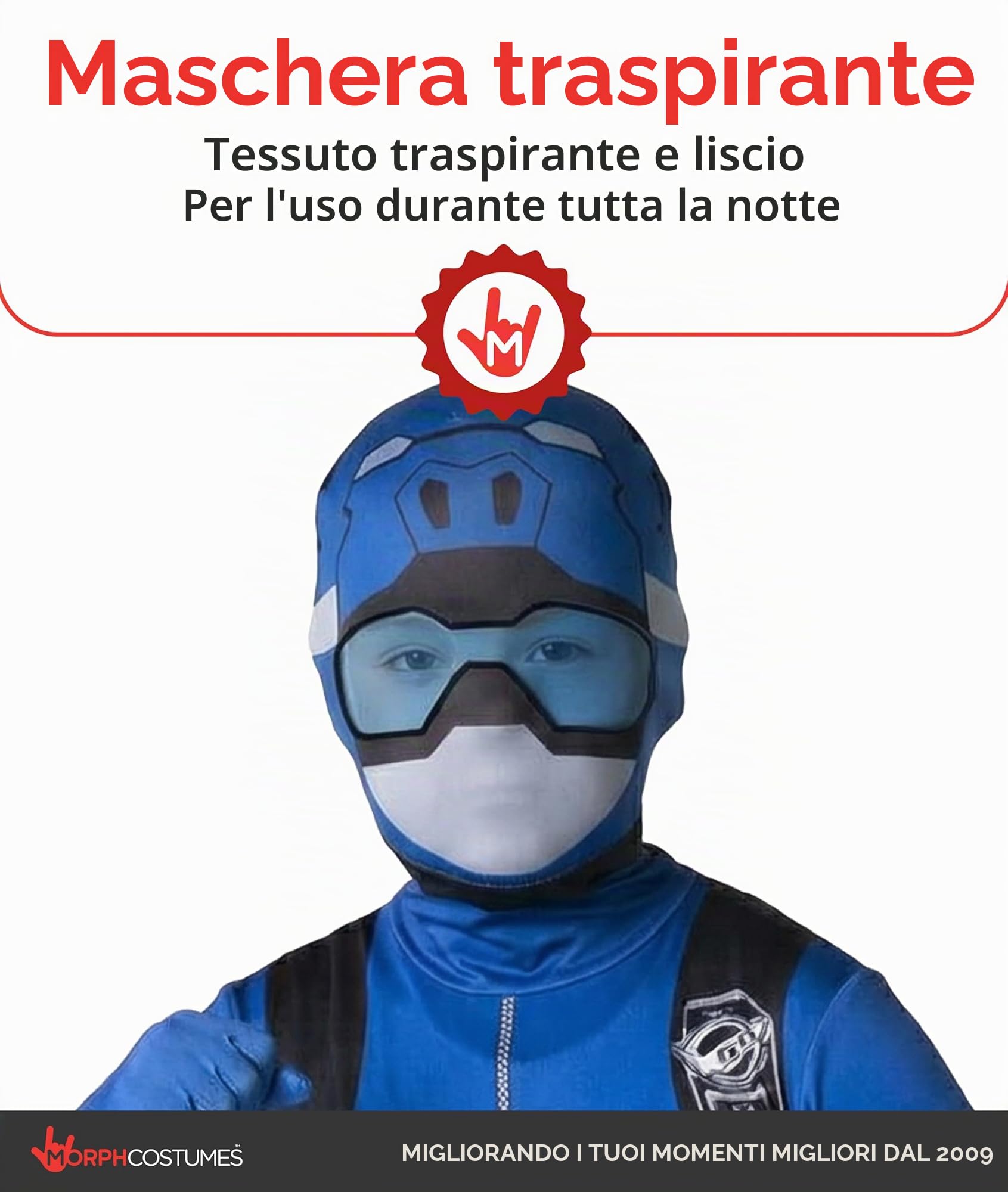 Morphsuits Costume Power Ranger Blu Bambino, Tuta Halloween Bambino | Tuta Integrale con Cappuccio e Visiera, Design Ranger Blu, Chiusura con Zip, Perfetto per Halloween, Ideale per il Cosplay