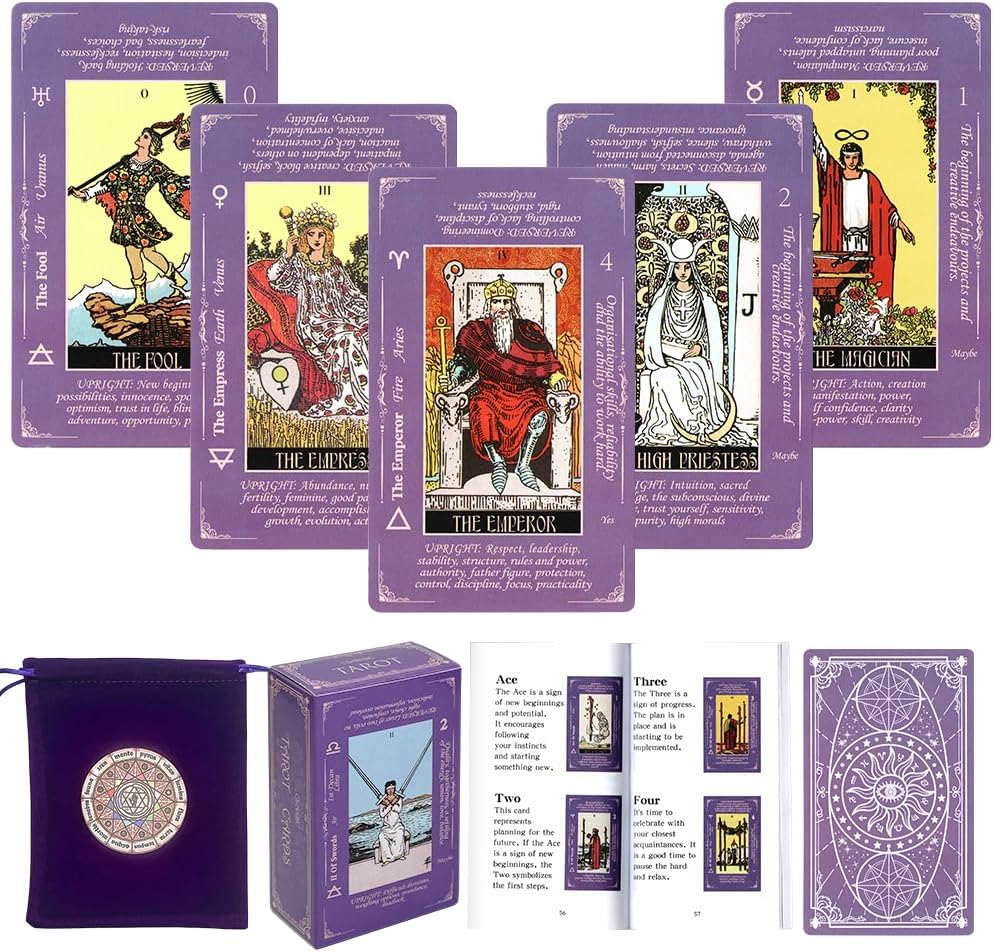 Tarot Cards with Guide Book & Linen Carry Bag, 78 Classic Original Tarot Cards Deck Fortune Telling Game with Meanings on Them for Beginners to Expert(Purple)