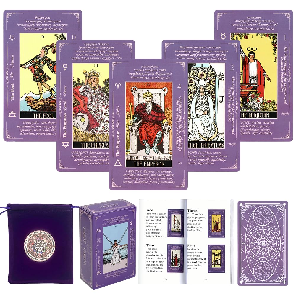 DLAGOMLIFE Tarot Cards with Guide Book & Linen Carry Bag, 78 Classic Original Tarot Cards Deck Fortune Telling Game with Meanings on Them for Beginners to Expert(Purple)