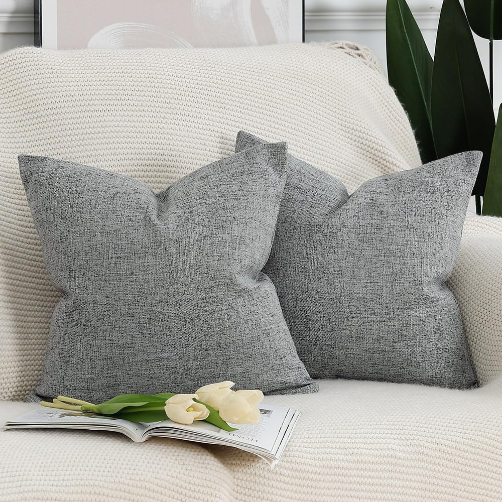 MADIZZ Set of 2 Grey Faux Linen Throw Pillow Covers 18x18 Inch Soft