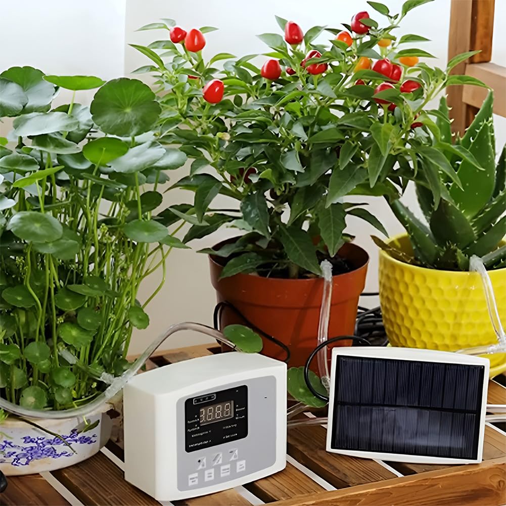 Sistema di irrigazione da giardino, Irrigatore automatico per piante fai-da-te, Kit di irrigazione a goccia automatico con timer per tubo ad energia solare, Pompa per irrigazione a goccia per piante