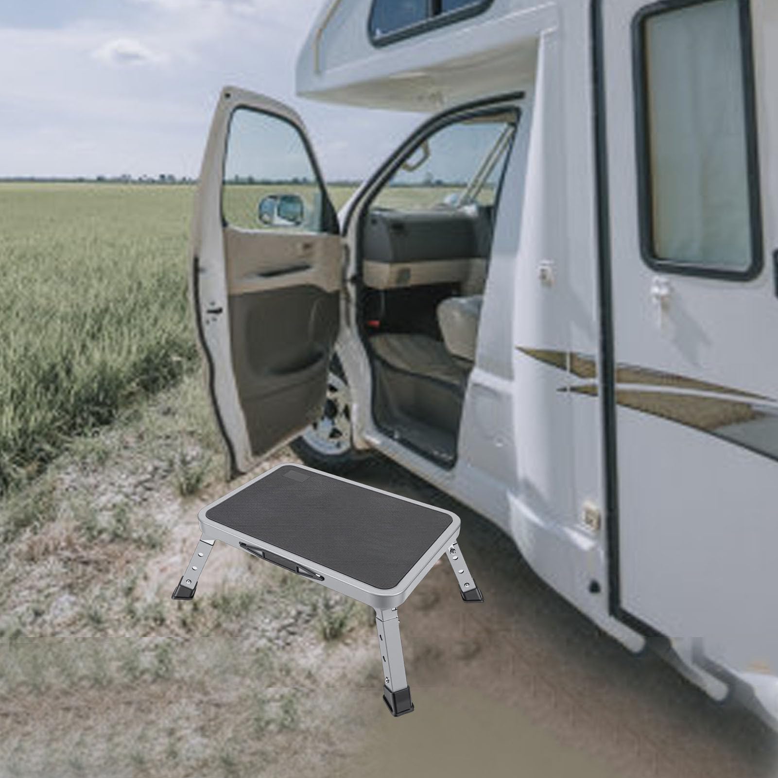 KIMISS Taburete Plegable para RV, Ajustable de 3 Niveles con Amplia Superficie Antideslizante, Capacidad de 330.7 Lbs, Plataforma Portátil para Acampar