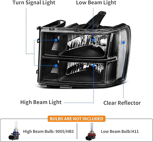 DWVO Conjunto de faros delanteros compatible con 2007-2013 GMC Sierra 1500/2007-2014 Sierra 2500HD 3500HD, carcasa negra, reflector transparente