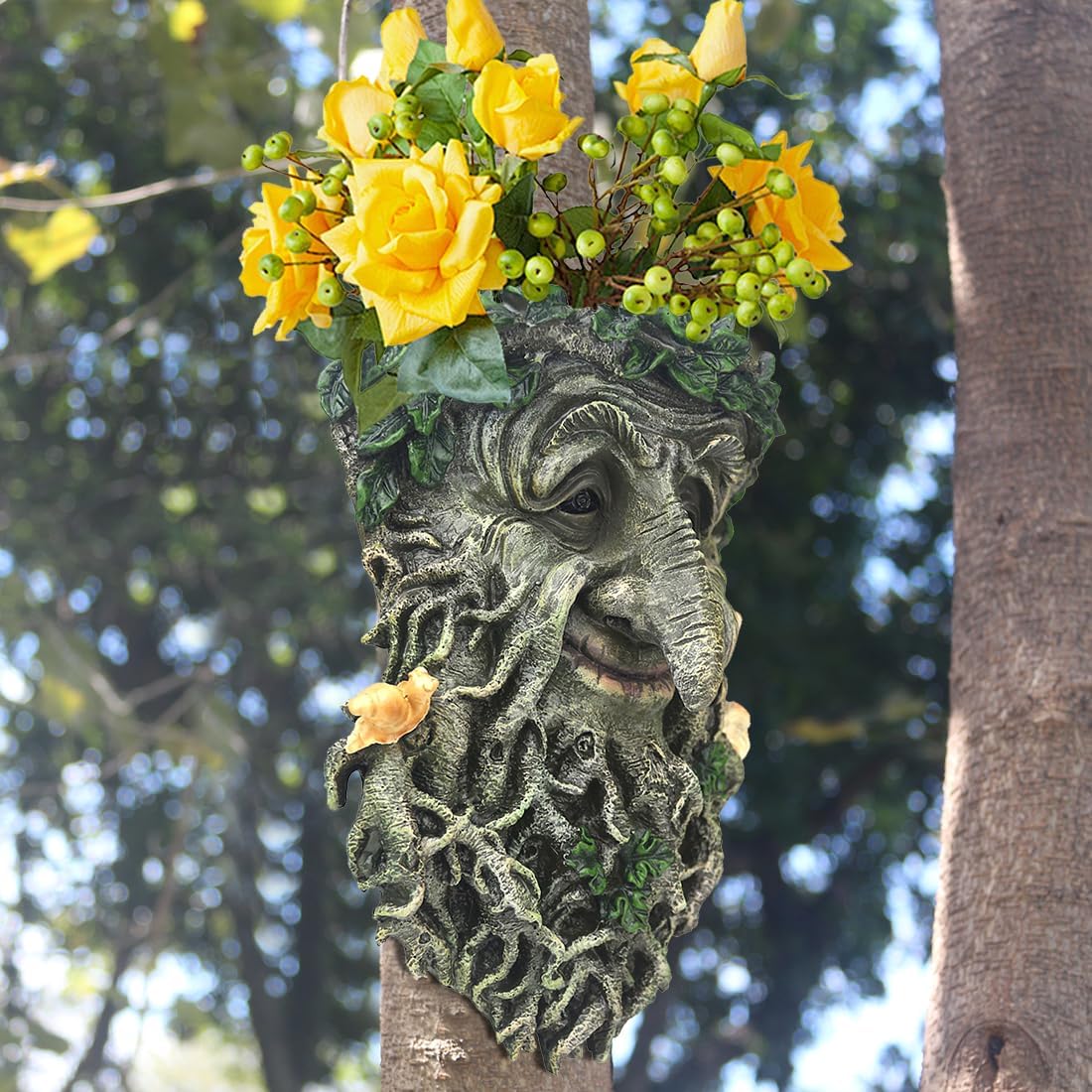 Tree Face Sculpture, Flower Planter Pot Hand-Painted Greenman Tree Face Garden Decoration for and Home Décor