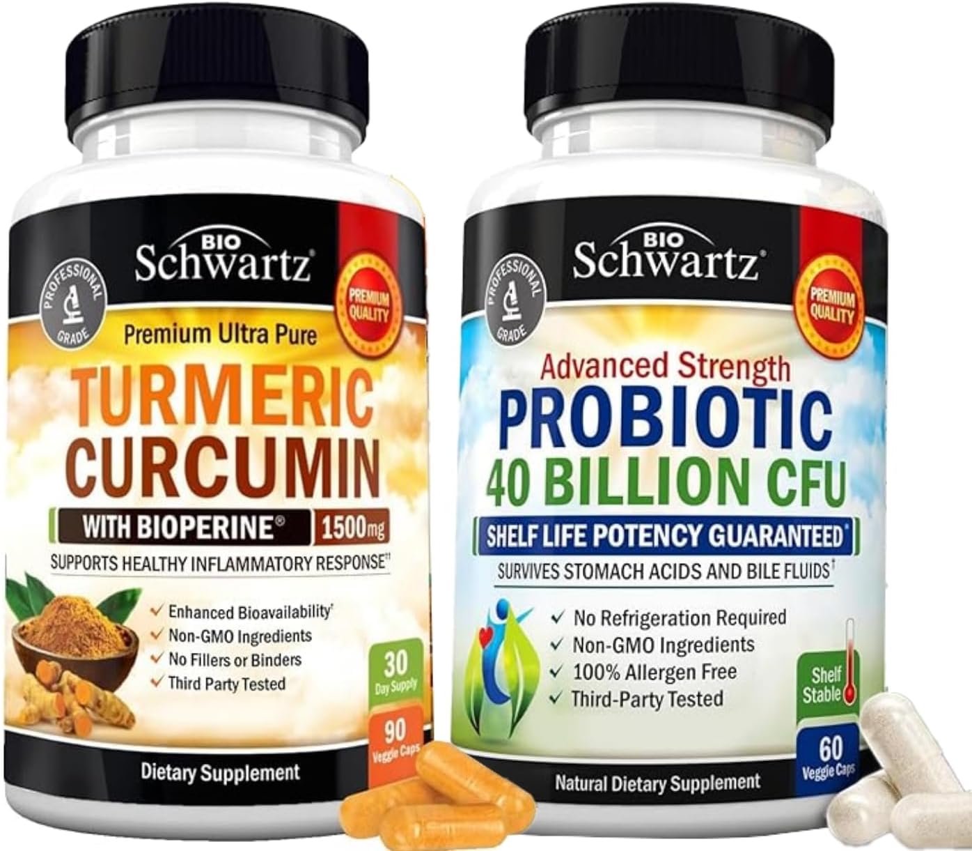 40 Billion CFU Daily Probiotic Supplement (1 Month Supply) Plus Turmeric Curcumin with Black Pepper Extract 1500mg Complex (1 Month Supply)