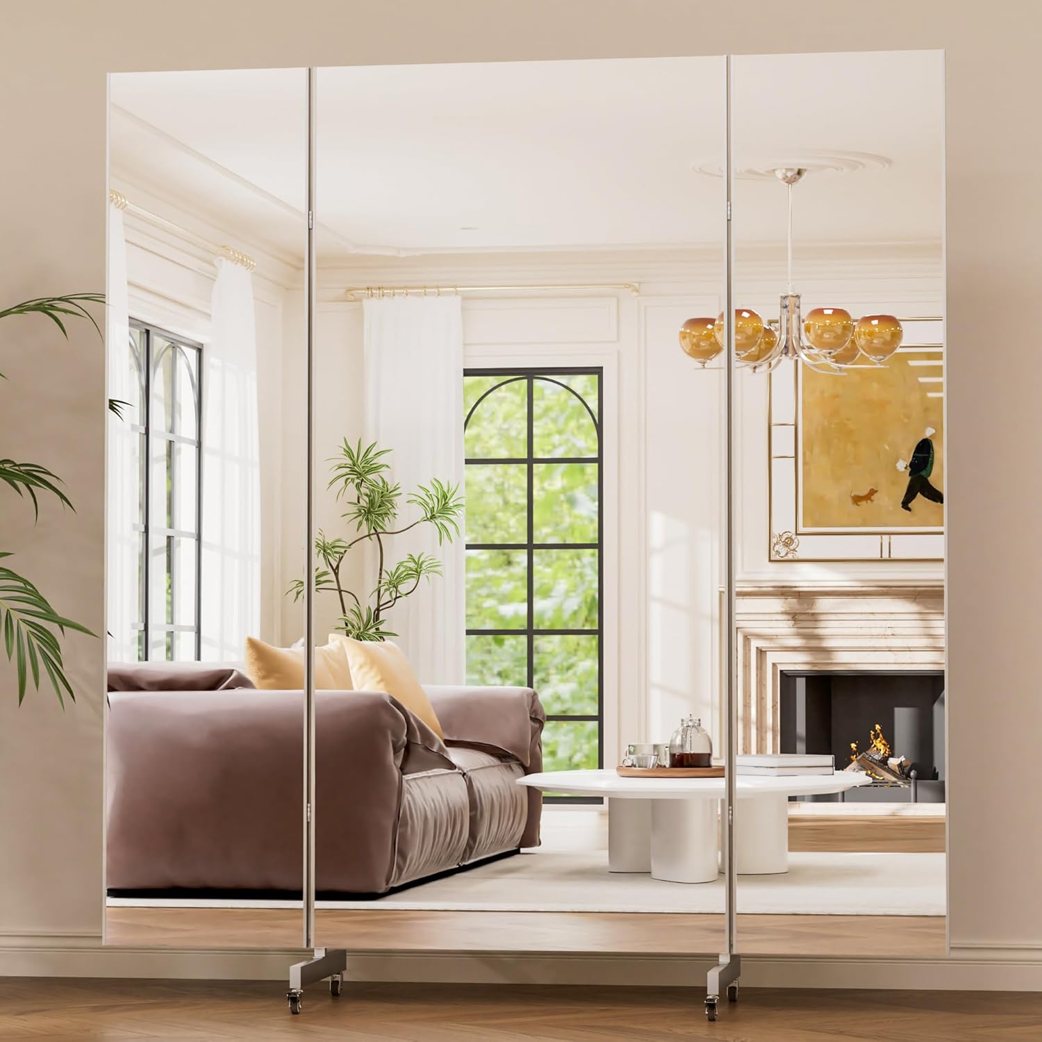 brisafe 67"x63" Folding Mirror with Wheels, 3-Panel Full Length Wall Mirror, Space-Saving Design, Shatterproof Nano Material, Portable Floor Mirror for Gym, Dance Studio, Home, Commercial Use, Silver