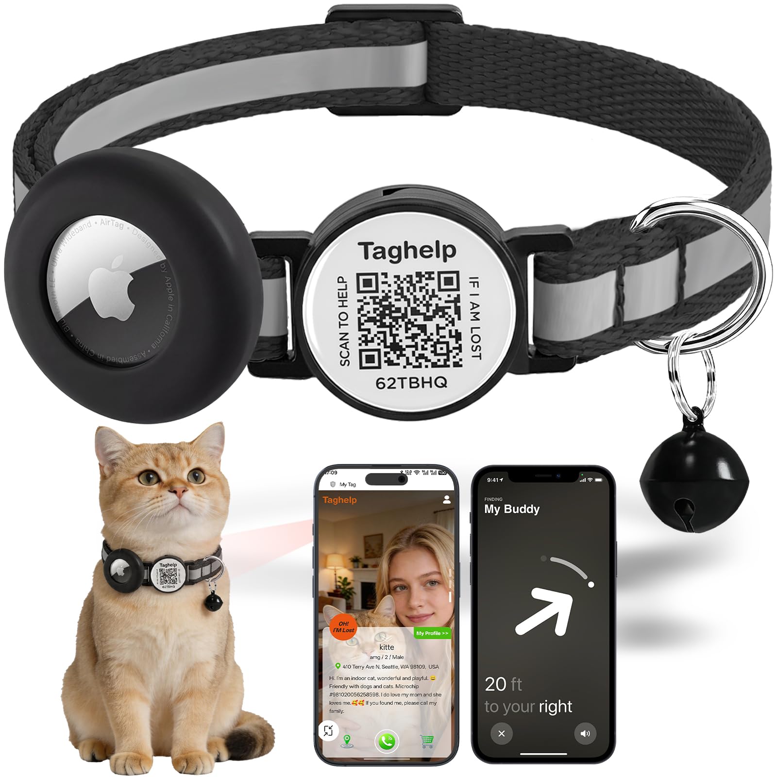 Collar Reflectante AirTag para Gato, Collar de Gato Integrado para Apple, Collar de Gato con Soporte para AirTag y Campana, Collares de Gato para niñas, niños, Gatos, Gatitos y Cachorros (Negro