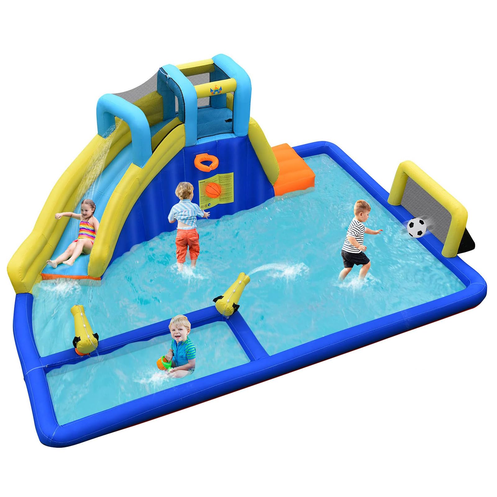 COSTWAY Castillo Hinchable Acuática, Castillo Inflable 6 en 1 con Rociador de Agua y Tobogán, Parque Acuático Inflable y Duradero para Uso Seco y Mojado, Bolsa de Rransporte (sin Soplador)