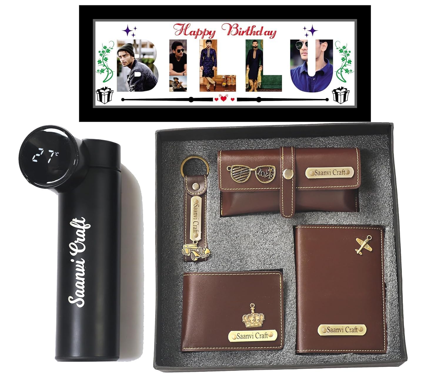 Name Customized Mens Gift Hamper Set with Water Bottle, Passport Cover, Men Wallet, Sunglasses Cover, Keychain and Photo Frame (10x4) (Black)-image-49