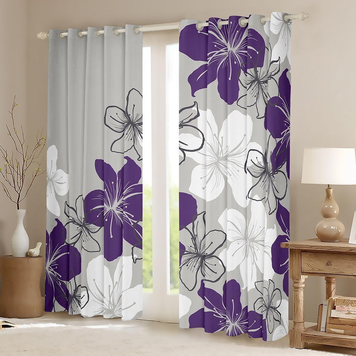 Castle Fairy Purple and White Flowers Blackout Window Curtains for Kids Girly,Modern Simple Floral Plant Soft Window Drapes,Abstract Geometric Patchwork Window Treatments Grommet Top 2 Panel Set