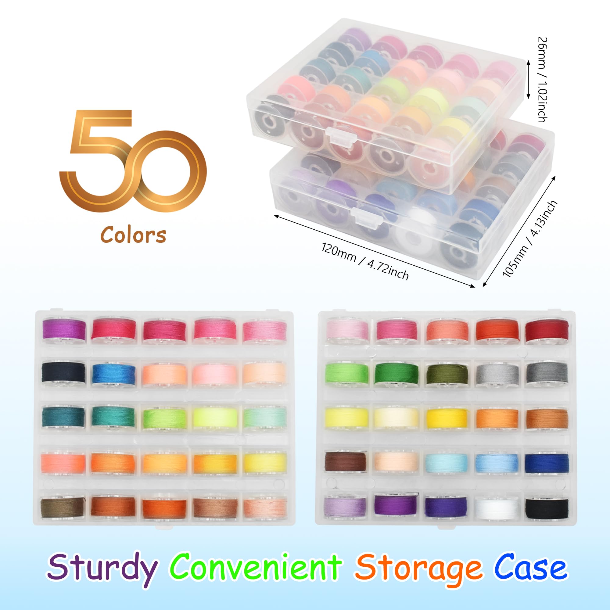 SHRJ Kit de 130 hilos de coser, 50 colores para máquina de coser, bobinas preenrolladas con hilo de bobina, surtido de agujas de almacenamiento, 400 yardas por carrete, hilo de poliéster