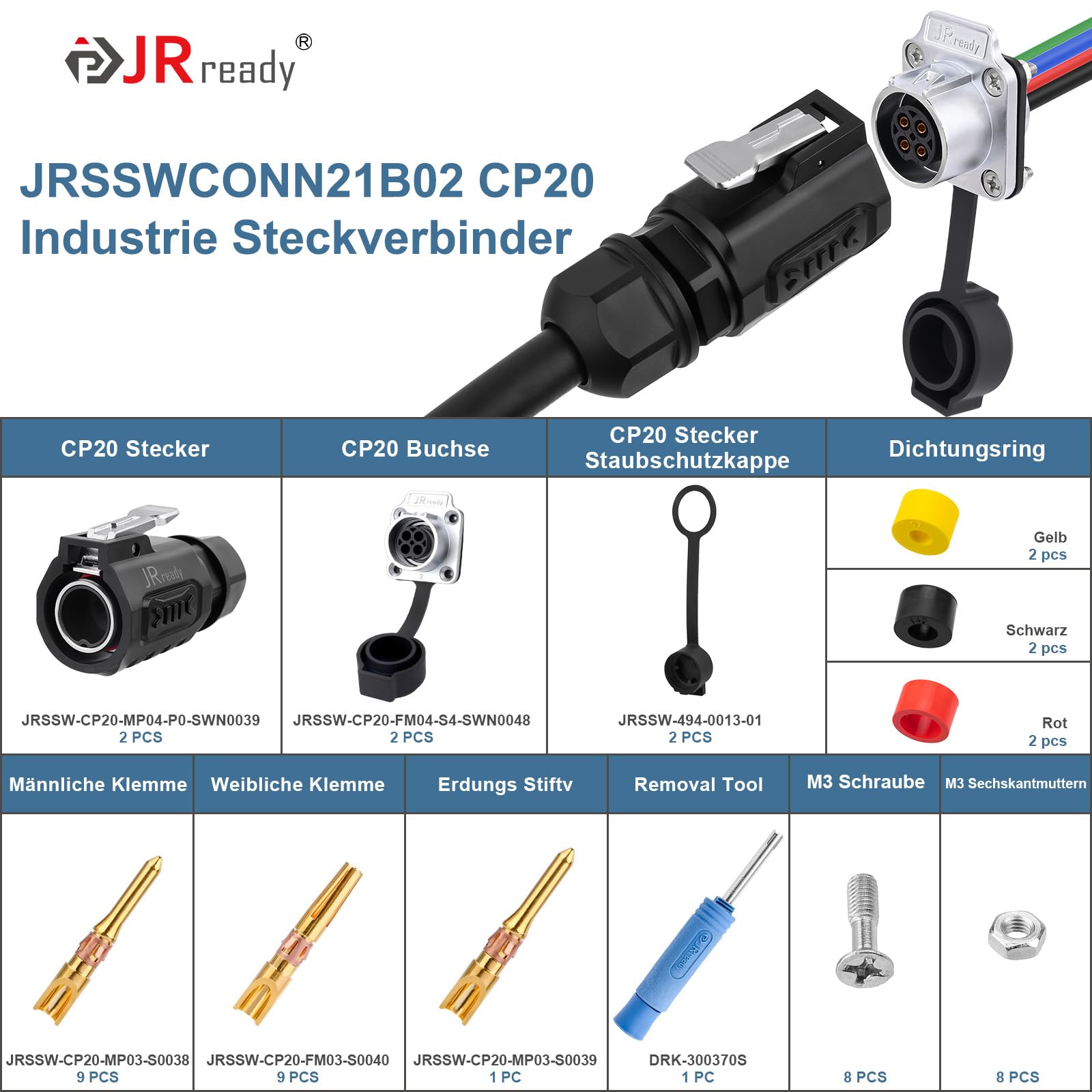 JRready JRSSWCONN CP20 Steckverbinder 4 Polig Wasserdichter Rundsteckverbinder Set (2 Sätze), Rundstecker mit Flanschbuchse für Einbau, Schnellsteckbarer Kabelstecker Entriegelungswerkzeug zum Löten
