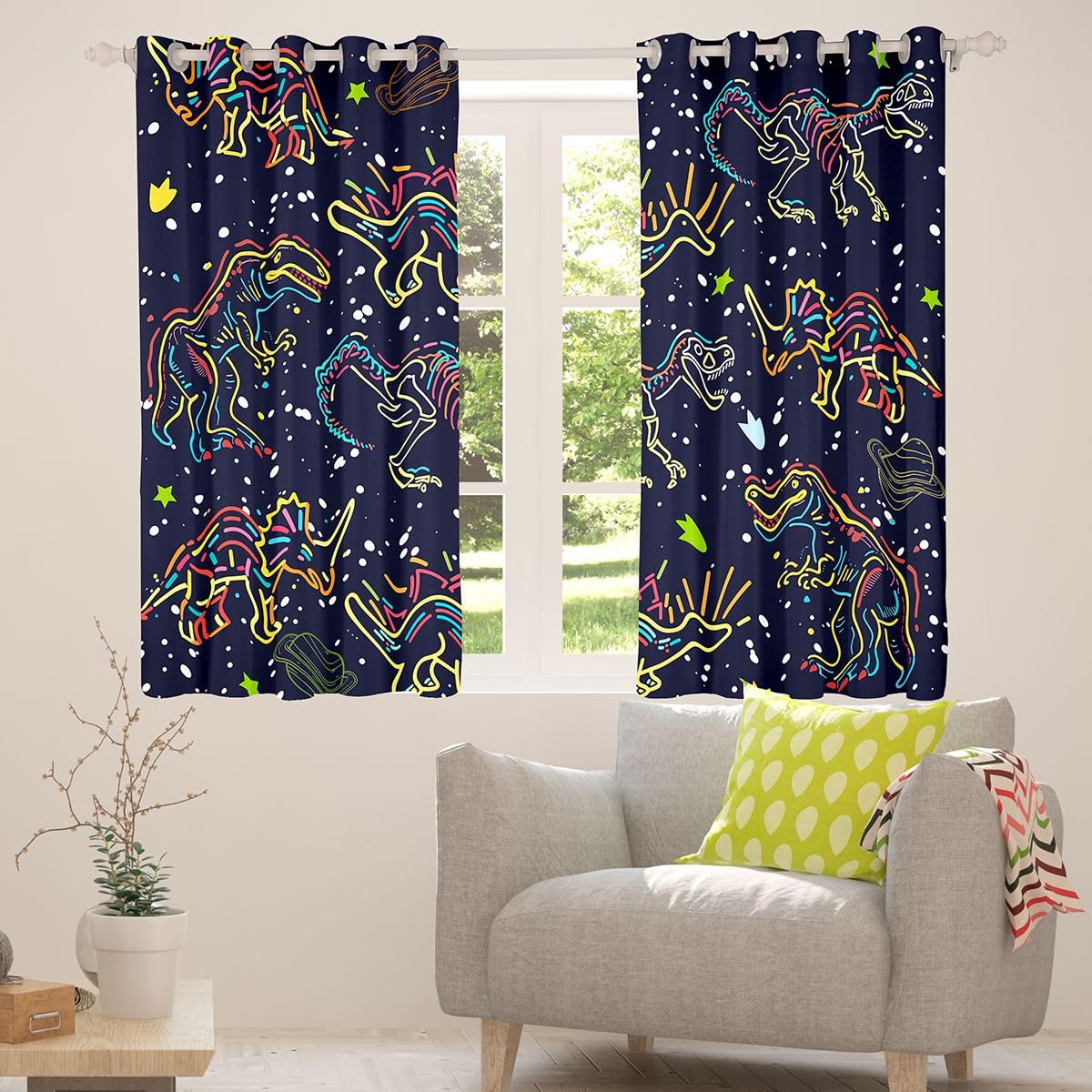 Homewish Rideau Occultant 117x183 cm Dinosaur,Rideau Ancient Animal,Rideaux Voilage Enfants Adolescents Mignon Neon Dinosaur,Voilage Fenetre Fluorescence Gradation pour Chambre Salon