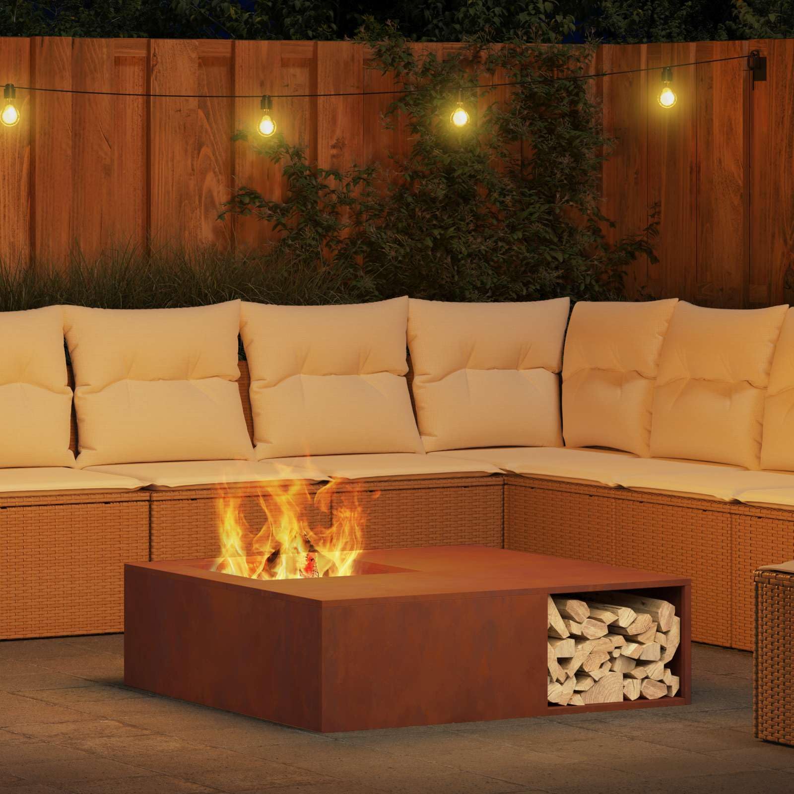 Feuerstelle Braun aus Wetterfeststahl 100 x 100 x 30 cm, quadratischer Kamin Ofen für Terrasse und Garten, langlebig, 600 Grad, 24 kg, Außenfeuerkorb für behagliche Abende
