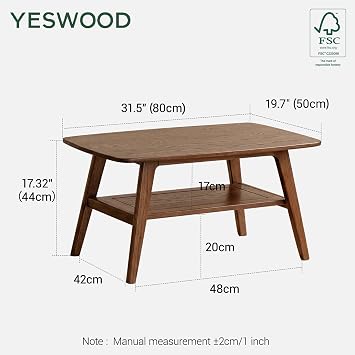Solid Wood Coffee Table with Shelf, 80*50*44 (Oak, Walnut Finish)