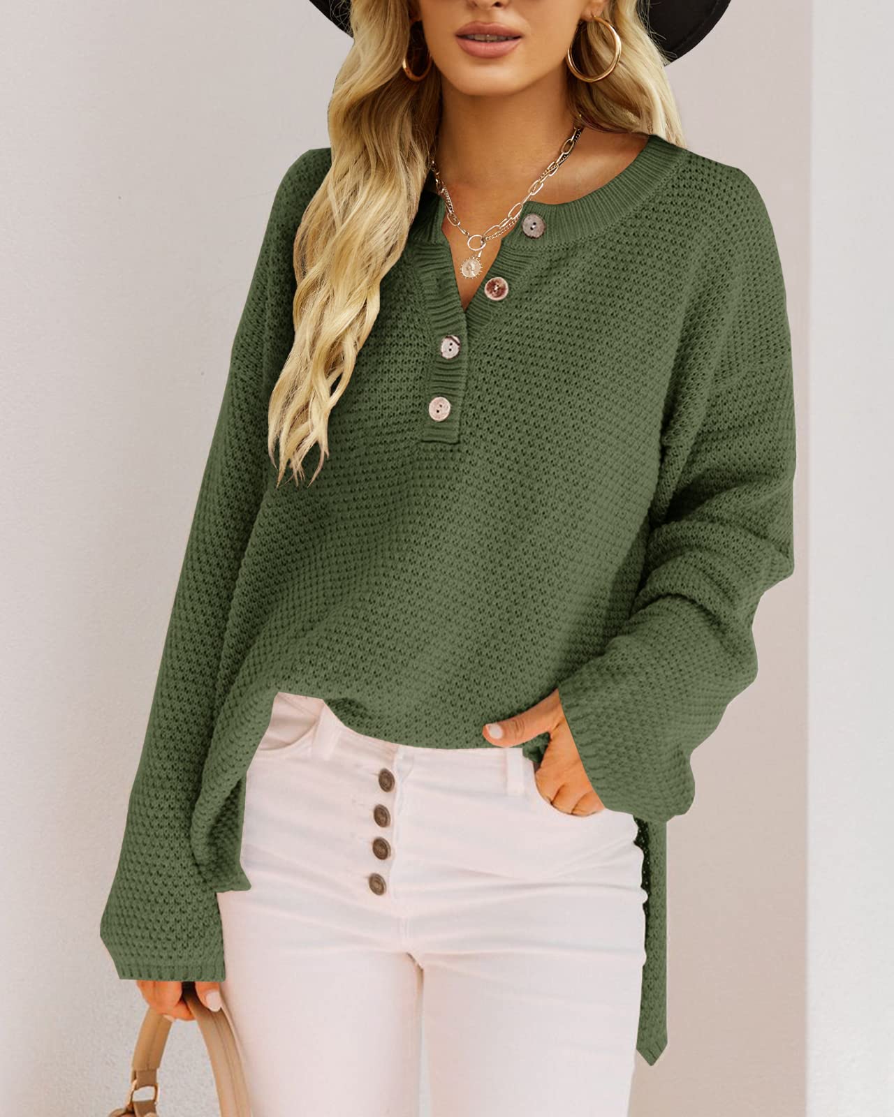 Saodimallsu Women's Oversized Sweaters Batwing Long Sleeve Loose V Neck Button Henley Tops Pullover Knit Jumper