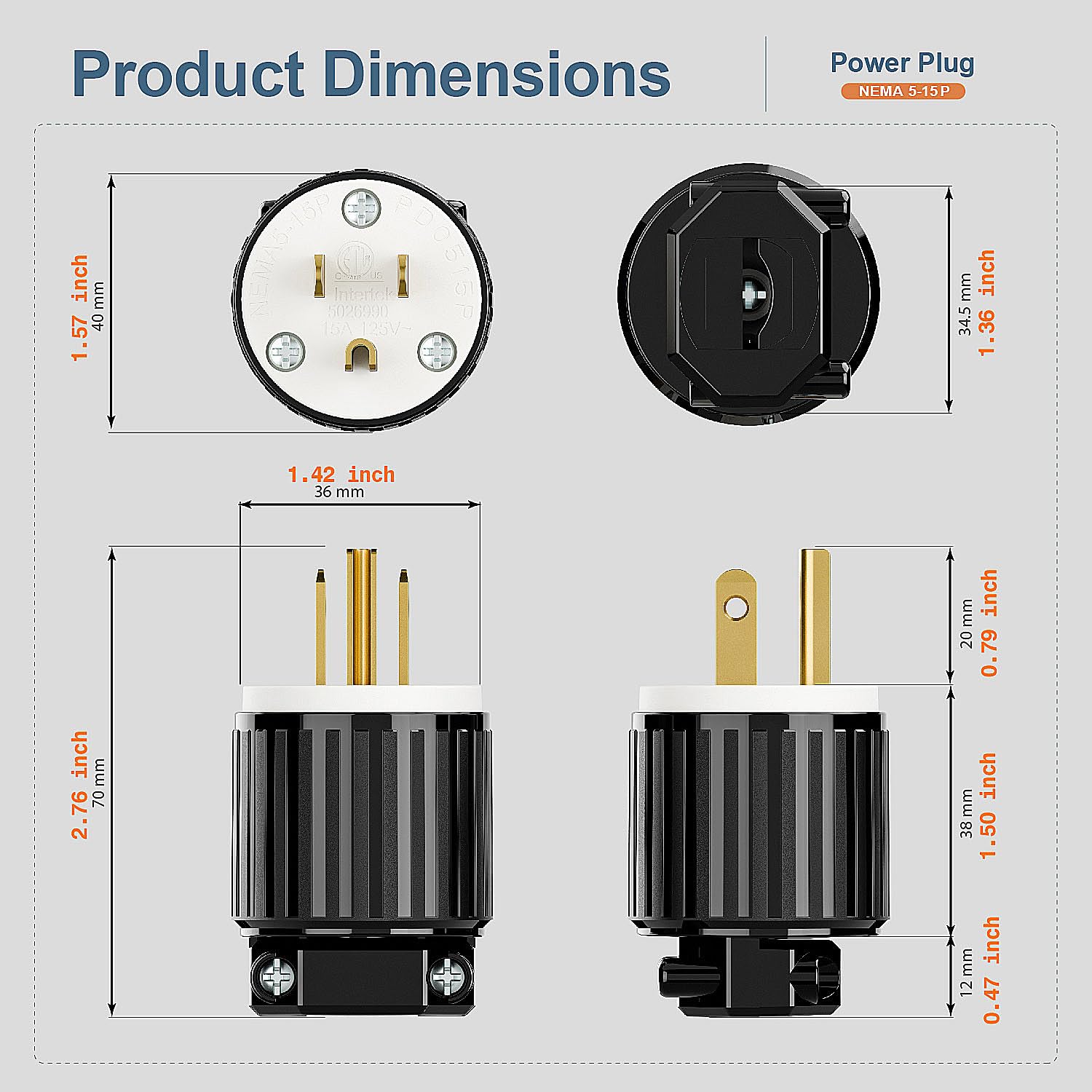 3-Prong Replacement Plug, WINXUS 15A 125V Heavy-Duty Extension Cord Ends, ETL Listed NEMA 5-15P Male Plug, Easy Install for Power Tools & Cords, Black & White