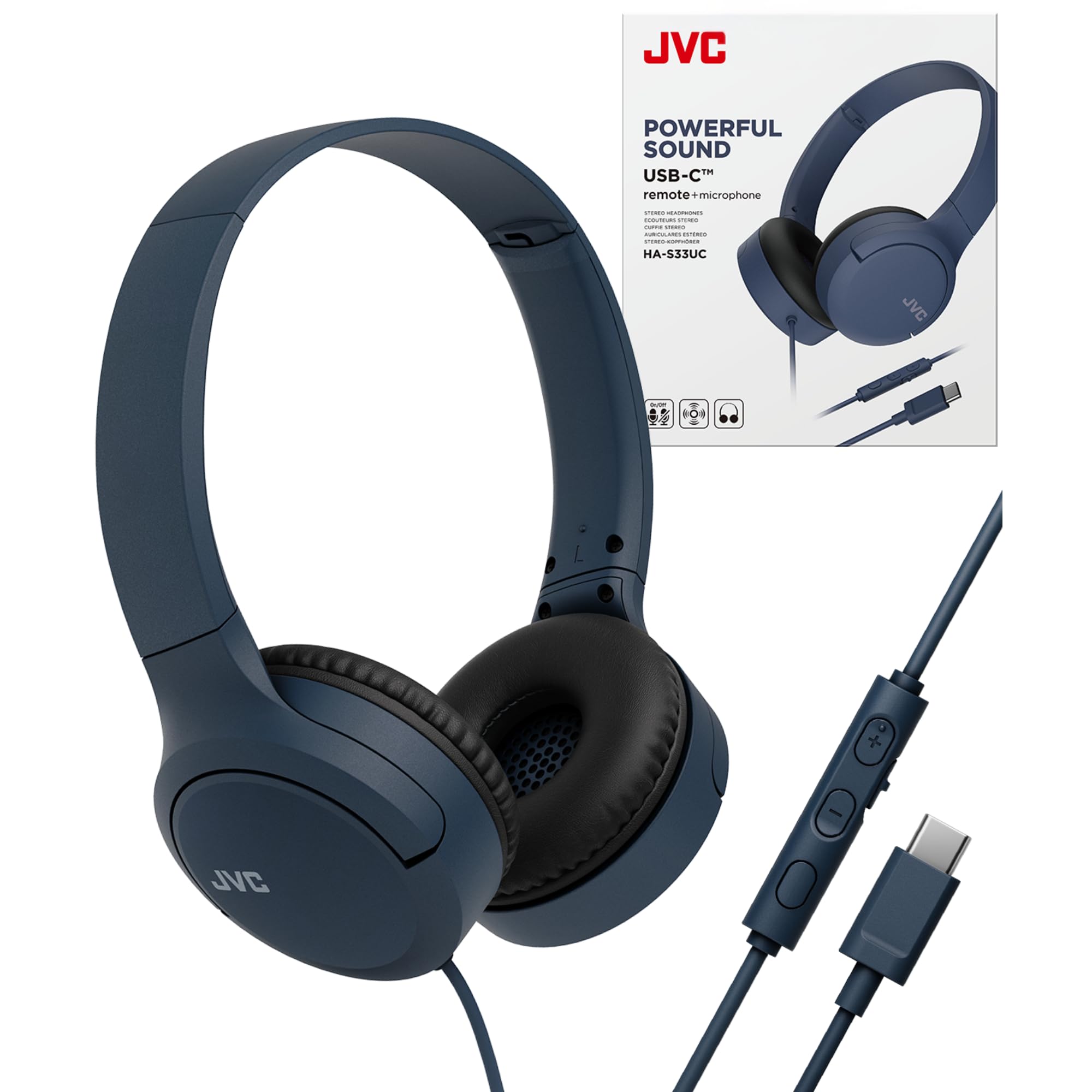 JVC USB-C Wired On-Ear Headphones with Mic – Comfortable All-Day Wear, Clear Calls, Rich Sound – Foldable & Lightweight – Tangle-Free Single-Sided Cable – Great for Gaming & Work from Home (Blue)