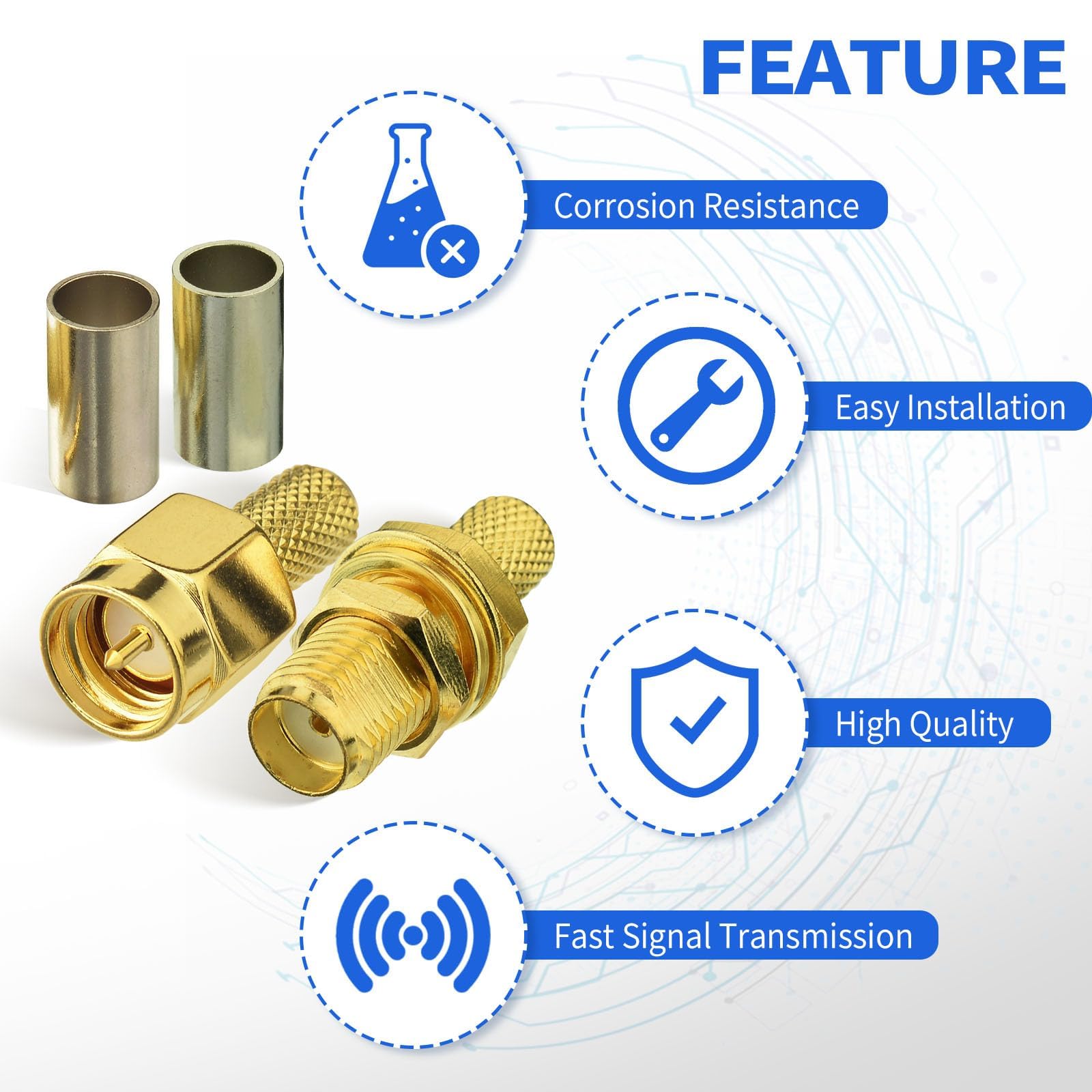 Superbat Kit Connettori RPSMA 10 Pezzi Maschio Femmina Crimpare Saldare 50 Ohm RF Cavo Coassiale RG58 LMR195