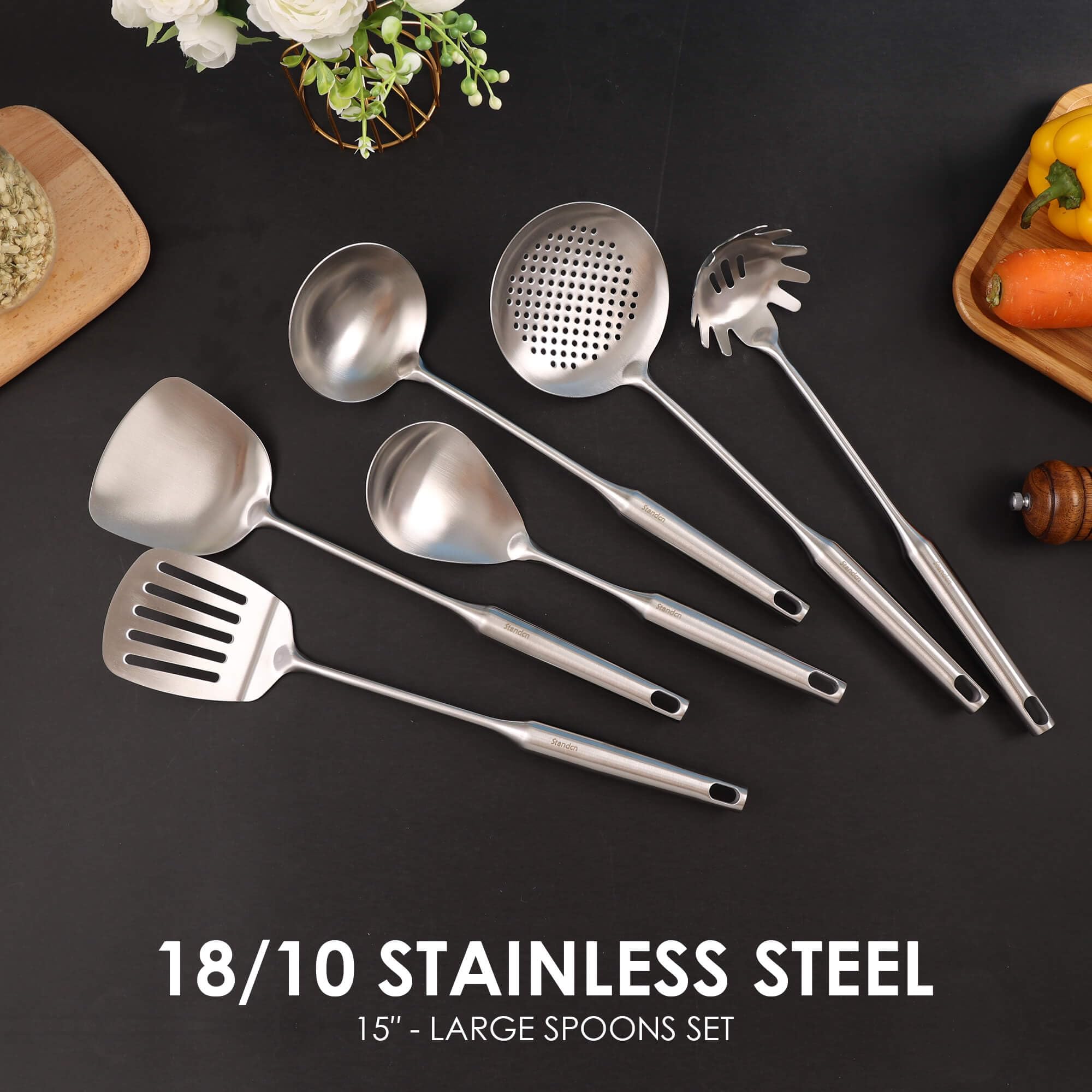Juego de utensilios de cocina de acero inoxidable 18/10, utensilios de cocina de metal de 15 pulgadas con soporte giratorio para encimera, espátula, cucharón, espumadera, espátula ranurada, pasta,