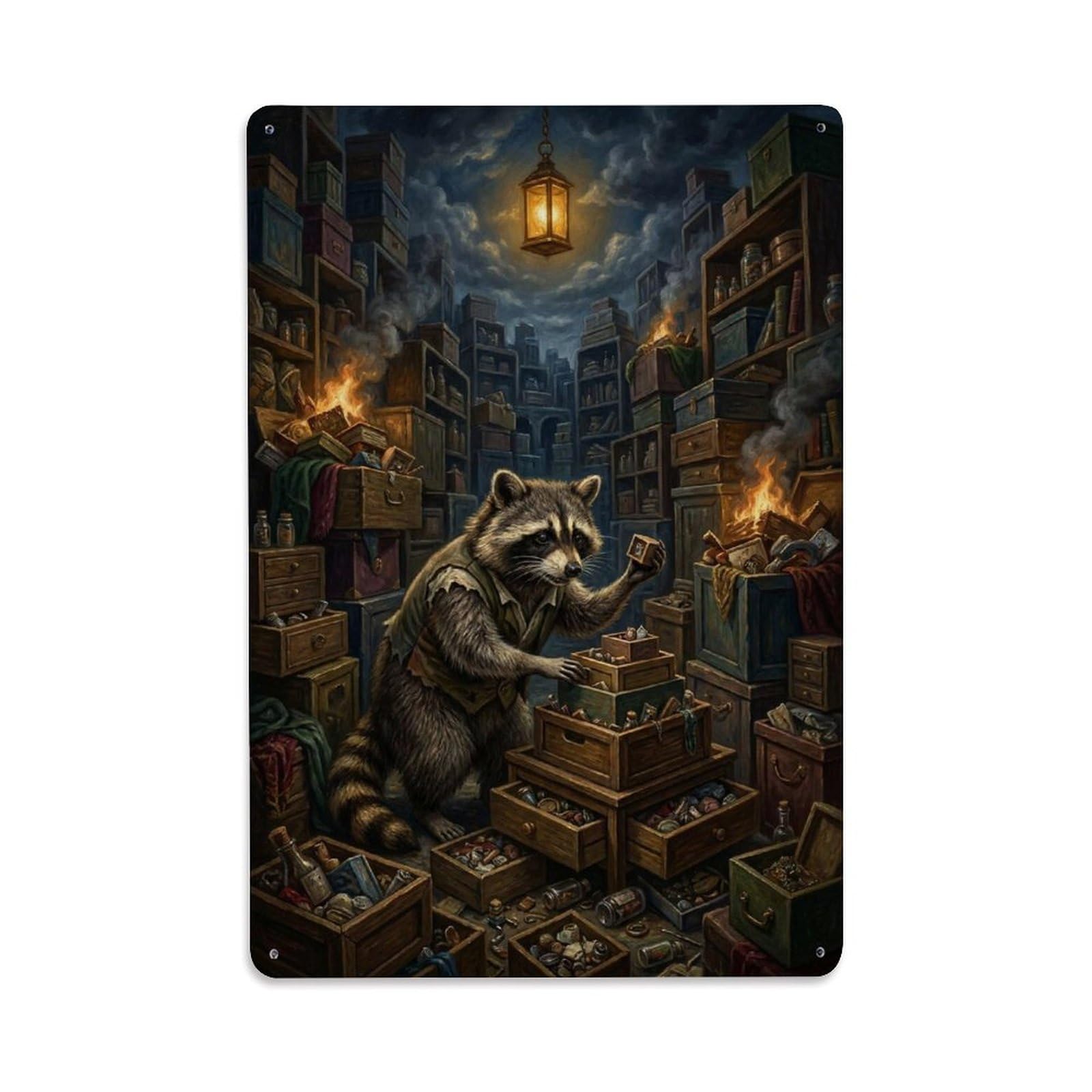 Social Satire Surreal Vintage Raccoon Organizing Chaos Animal Metal Tin Sign Plaque Wall Decor for Cafe, Man Cave, Club Bar, Office, Home Garden Round Metal Poster 8x12Inch