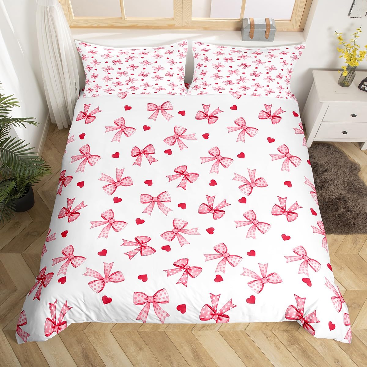 Homemissing Grinding Pink Bow Duvet Cover Set Single Size For Kids Girls Bownot White Bedding Set Princess Style Microfiber Heart Duvet Cover with 1 Pillowcase — image 1
