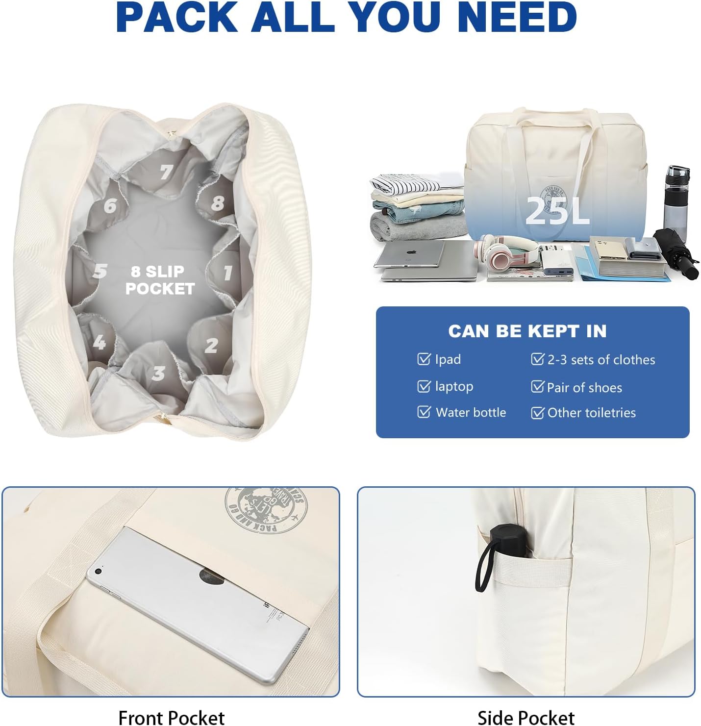 Weekender Bags for Women, Travel Duffel Bags, Water Resistant Personal Item/Carry Bag, Carry on Overnight Bag, Foldable Gym Bag for Travelling, Sports (Beige) - Image 2