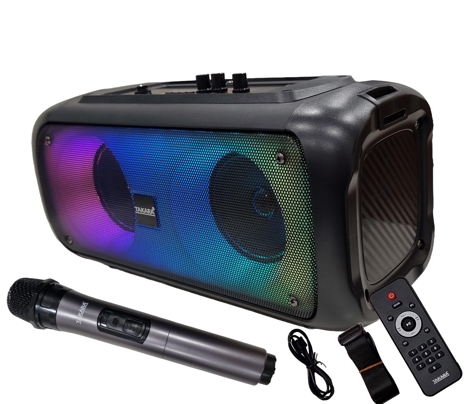 Takara T 210 SB Bluetooth Karaoke Speaker with Wireless Mic and Rechargable Battery, Portable Outdoor Speaker, PA System LED Lights, Supports USB, AUX in, FM, TWS for Singing, Party and Best for Gift.