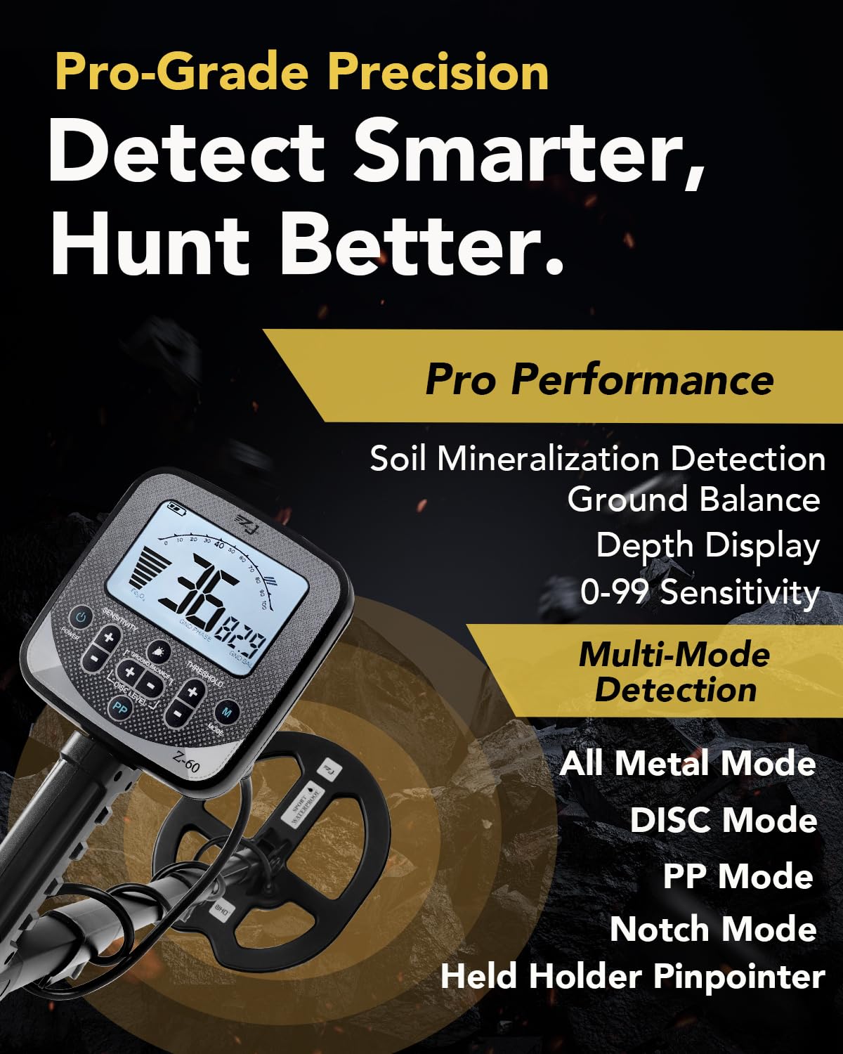 PRO-Z60 - Detector de metales para adultos con puntero de pin, profundidad de detección de 16 pulgadas, kit de detector de metales profesional de alta frecuencia de 19,23 kHz con equilibrio de tierra