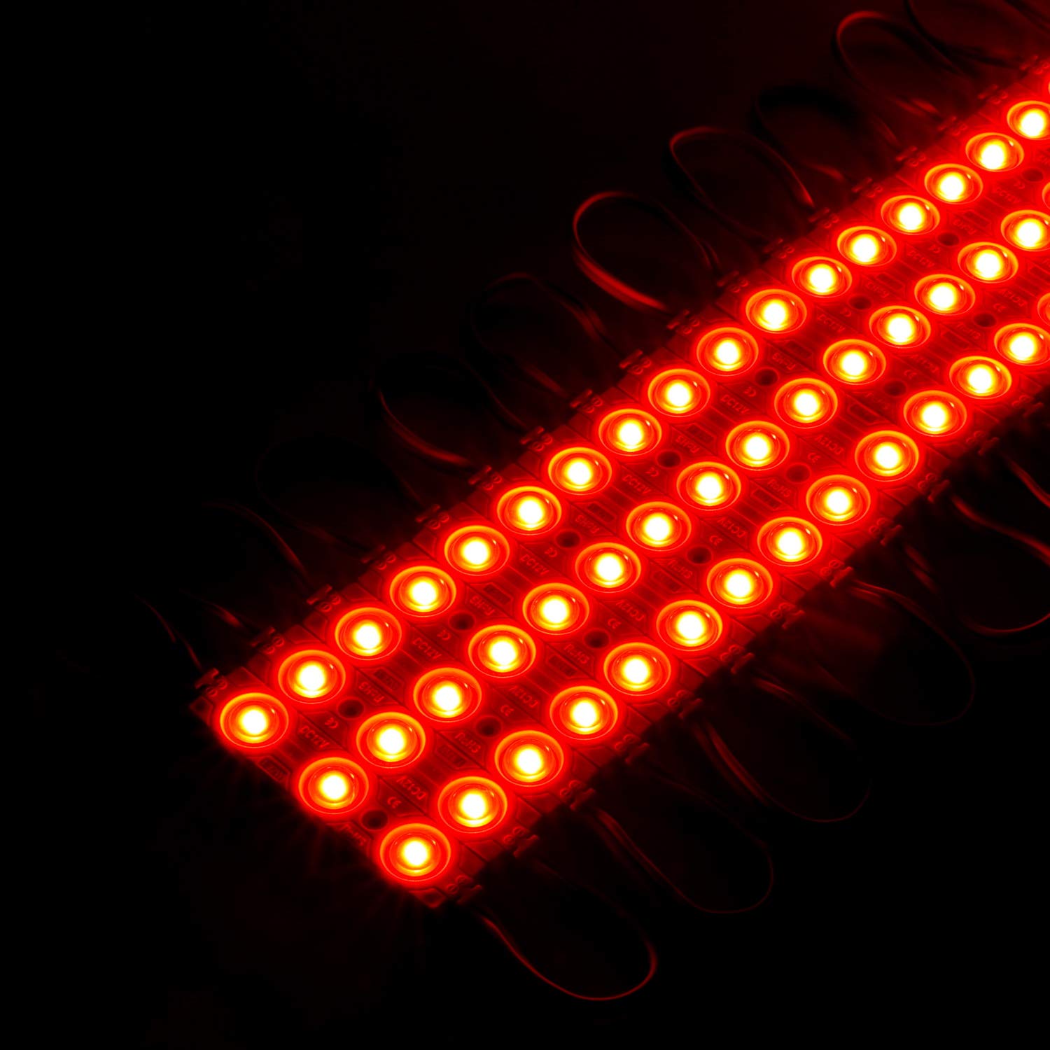 Lot de 200 modules LED 12 V CC lumière rouge 1,2 W 3 LED avec lentille étanche décorative pour panneaux publicitaires, lettres avec ruban adhésif à l'arrière