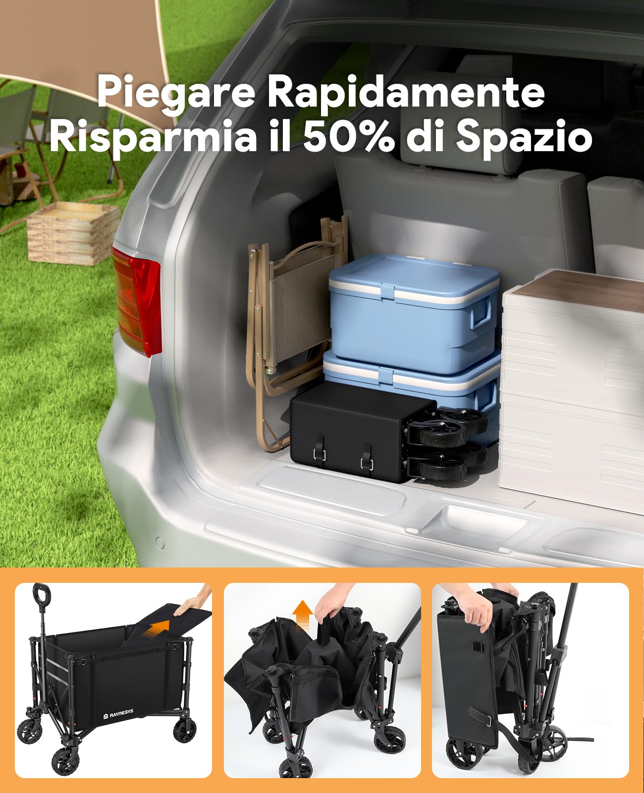 Carrello Pieghevole con Ruote 120L, 3 in 1 Vagone Pieghevole Convertibile in Panchina, 220lbs Carrello Acquisti di Generi Alimentari Carro Utile per Spiaggia, Giardino, Campeggio, Nero scuro