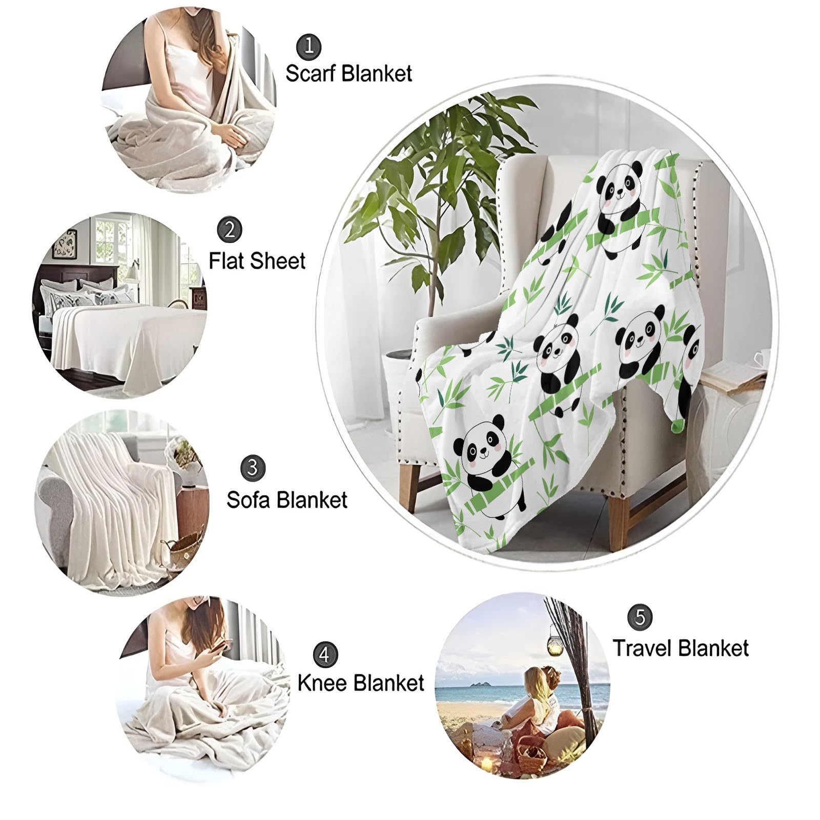 Plaid Couverture Polaire Dessin Animé Panda Géant Bambou Vert 220x240 cm Couverture Flanelle pour Lits Canapés, Couverture Sherpa Douce Et Chaude, Couverture Imprimée Enfants et Adultes