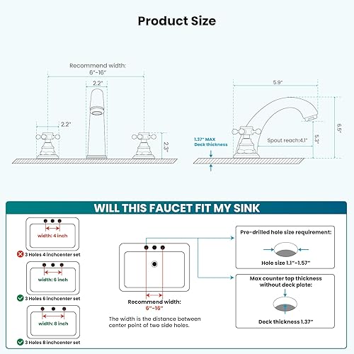 Miniatura 8 de Grifo de baño generalizado de 3 agujeros de 8 pulgadas, cromado pulido de doble mango cruzado, grifo para lavabo de baño, montaje en cubierta, agua