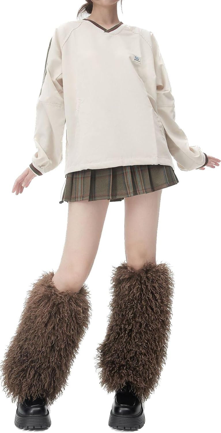 Over Knee High Women Furry Real Mongolian Lamb Curly Fur Leg Warmers Socks For Ladies Winter Warm Boots Shoes