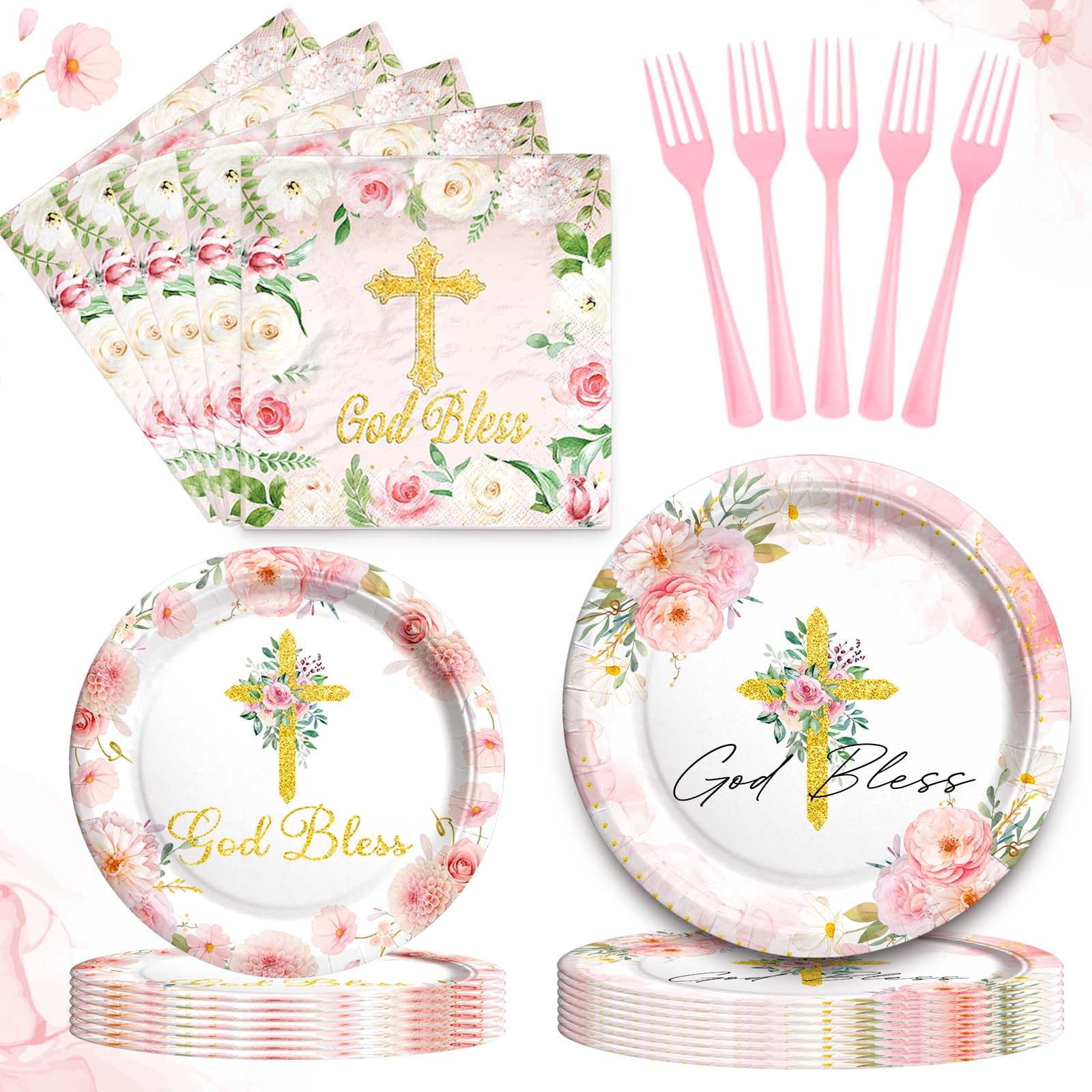 Hombae Baptism Supplies Tableware Set, Pink Baptism Decorations for Girls, First Holy Communion Christening Party Supplies for Baby Girl, God Bless