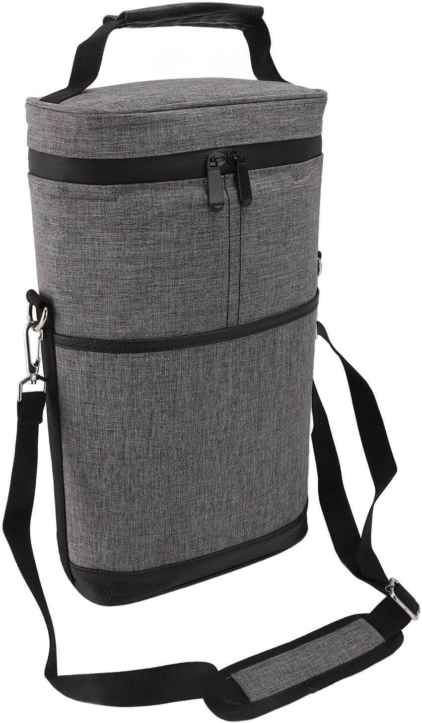 2 Bottle Wine Cooler Bag, Leakproof Insulated Wine Carrier with Padded Interior, Portable Canvas Wine Case with Handle and Adjustable Shoulder Strap for Travel Picnics