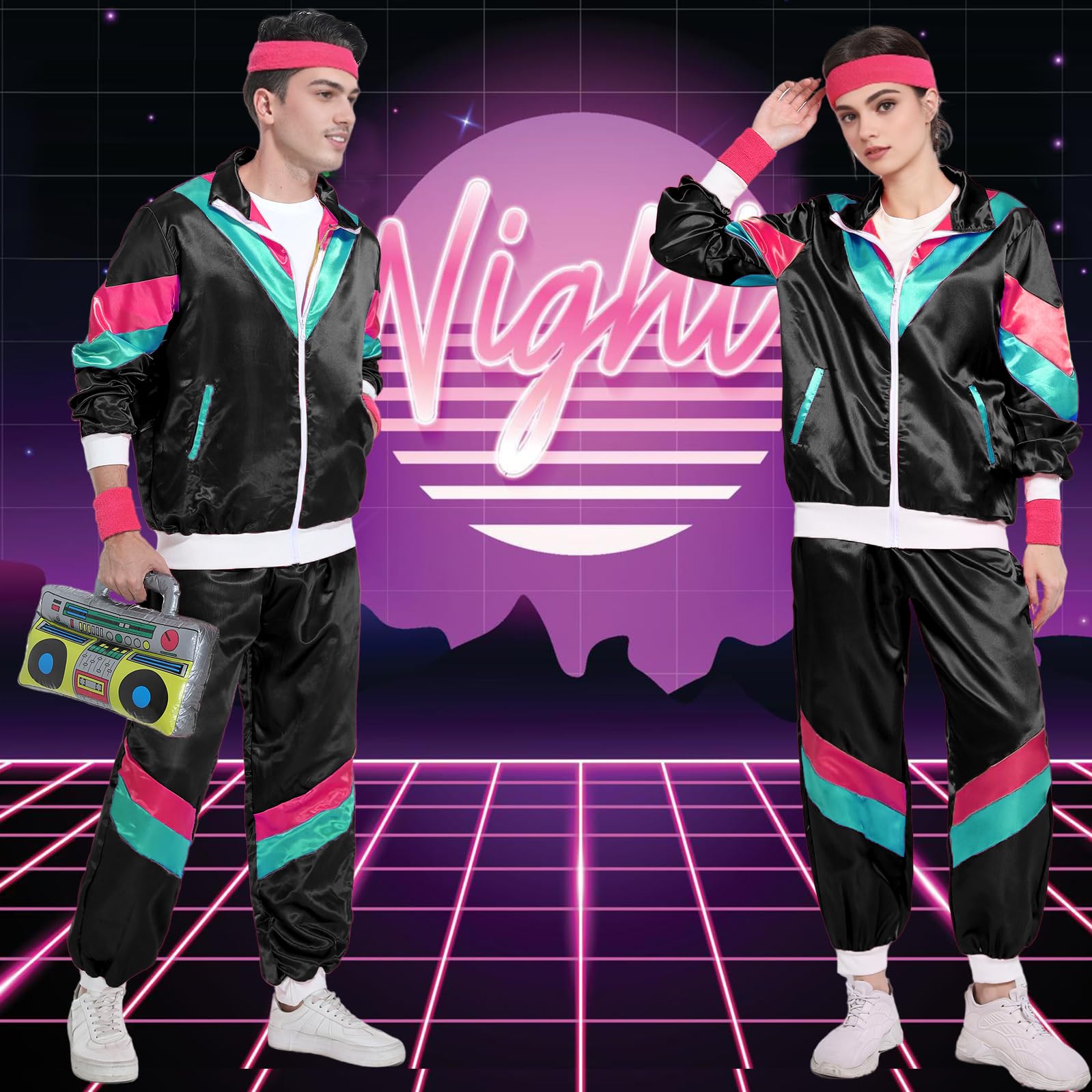 Fover Disfraz de los años 80 para hombre y mujer, traje de entrenamiento, estilo pop, retro, accesorios para disfraz, con radio inflable, gafas de sol, collar y banda para el sudor para fiestas