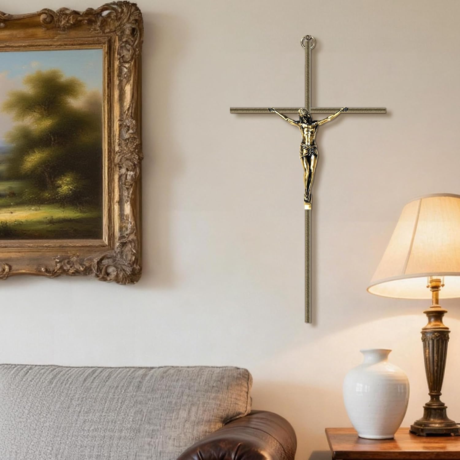 KUXBET Catholic Crucifix Wall Cross, 16 inch Metal Jesus Christ Cross, Handmade Hanging Wall Décor for Home, Religious Devout Give Faith Gift (16.0inch, Vintage)