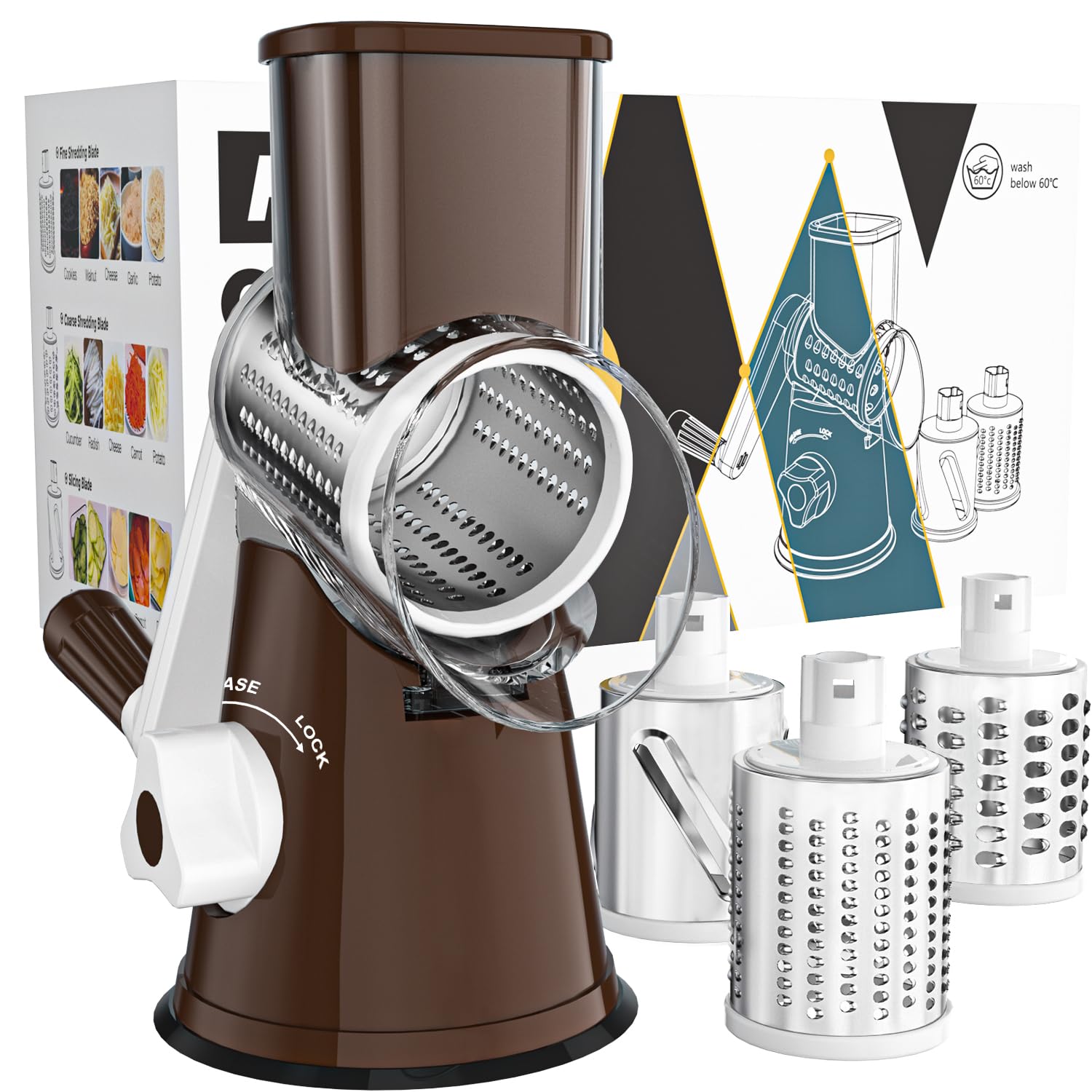 Cambom Rotary Cheese Grater Hand Crank Cheese Shredder for Fresh Cheese, Vegetable, Nuts,Non-slip Suction Base, Three Blades, Coffe Color