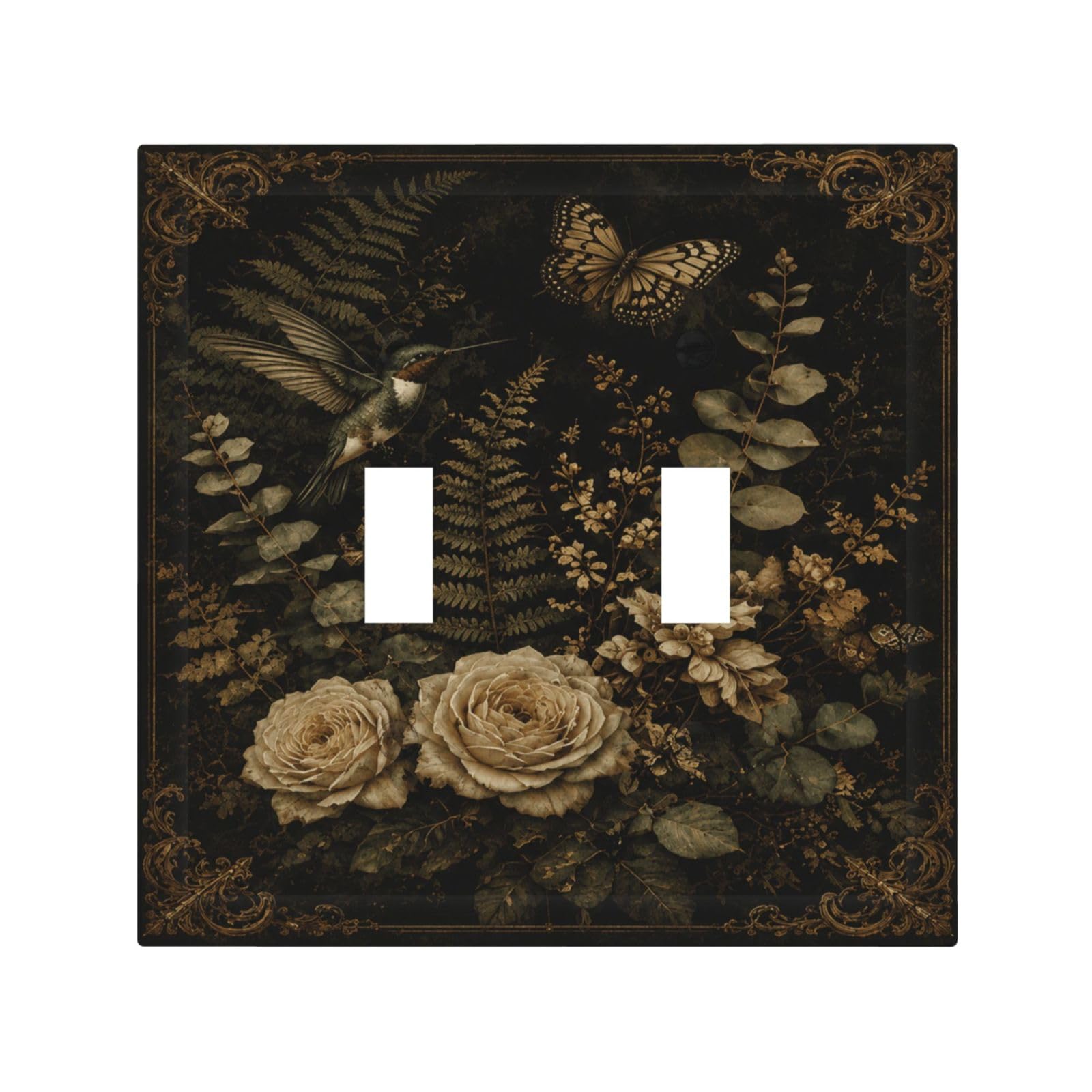 Xuejiaku Decorative Light Switch Cover Plate Vintage Botanical Hummingbird & Roses Double Toggle Wall Plate Dual Device Outlet Covers Dark Academia Gothic Switchplate Dimmer Faceplate for Home Decor