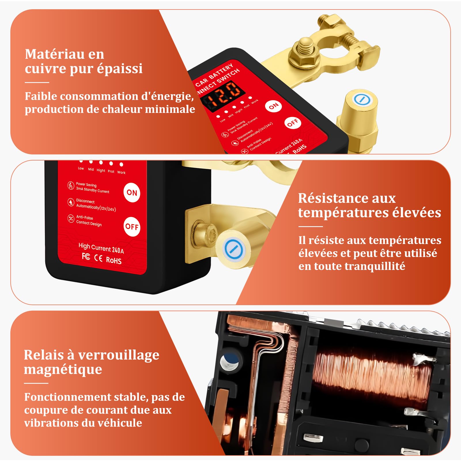 Stacca Batteria 12v, 240A Sezionatore Auto Remoto Senza Fili con Telecomando, 12v Auto Staccabatteria Automatico, Per RV ATV Camion Barca Trattore (Red)